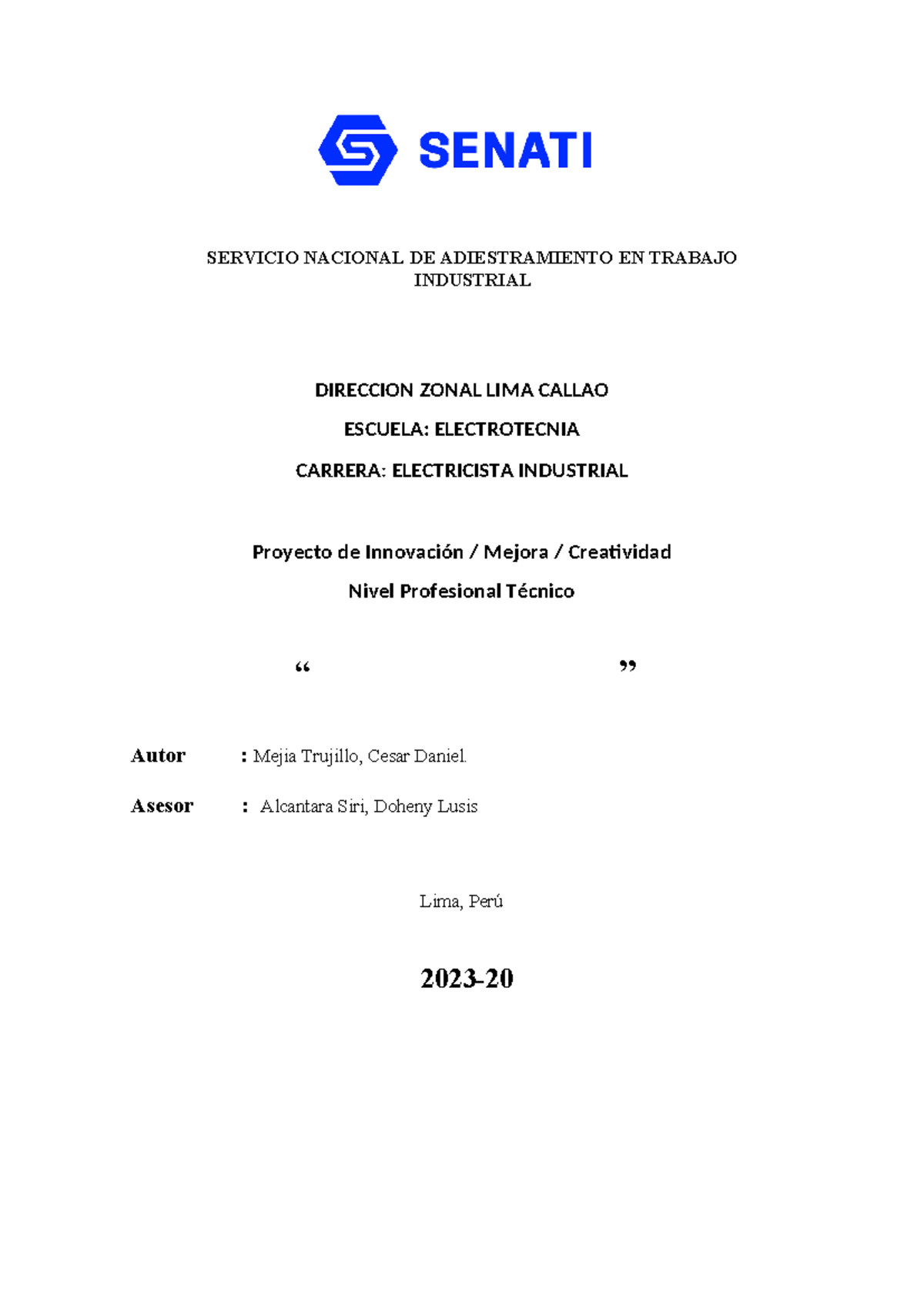 Mejora de Procesos Electromecánicos - Proyecto de Innovación 202320 I-II - Document Preview
