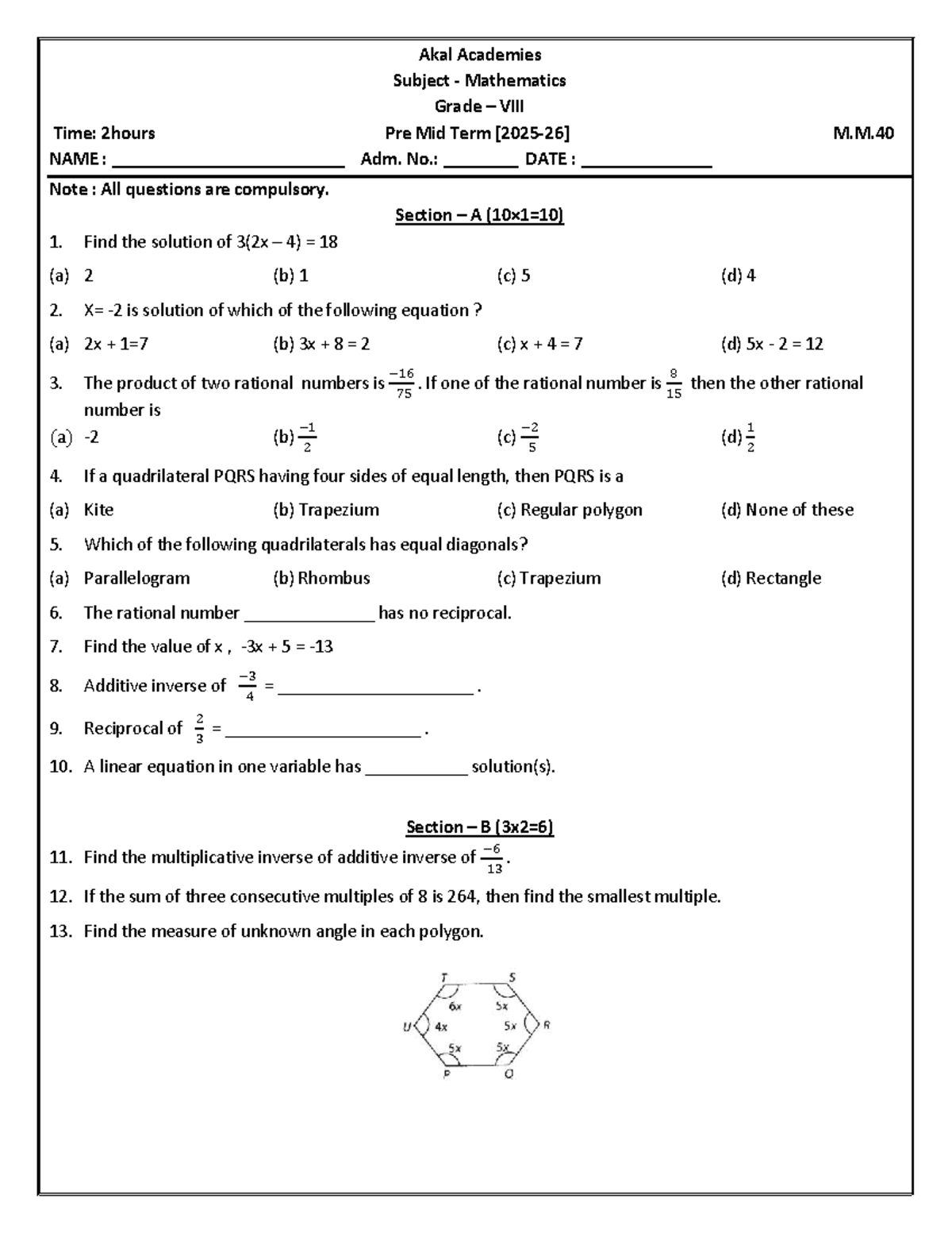 Grade 8 Math Pre Mid Term Model Question Paper - Akal Academies Subject ...