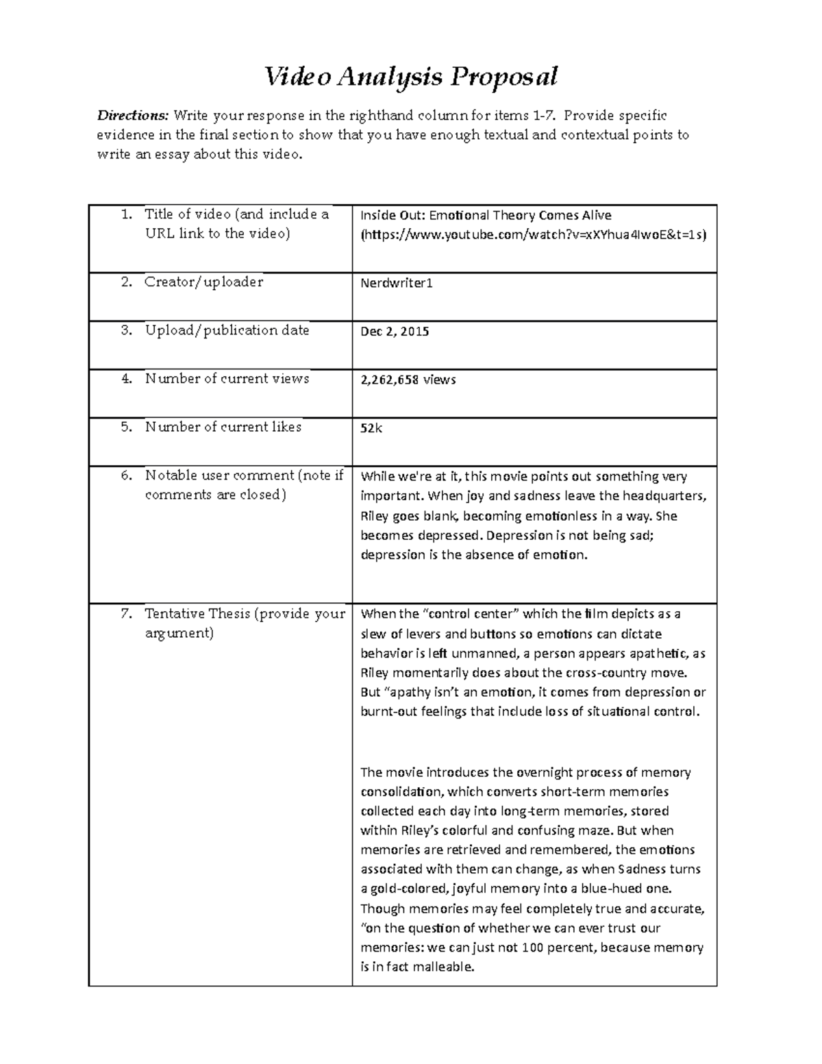 Video Analysis Outline - Video Analysis Proposal Directions: Write your ...