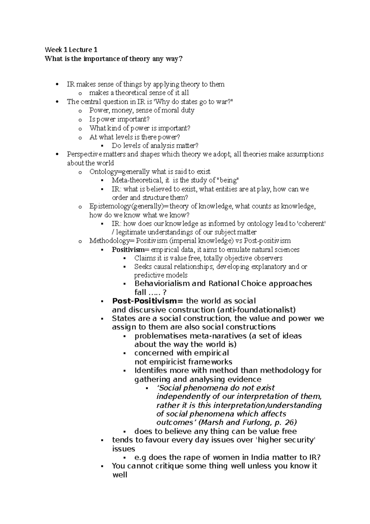 IR2005 Week 1-3 Lecture Notes: Theories of International Relations ...