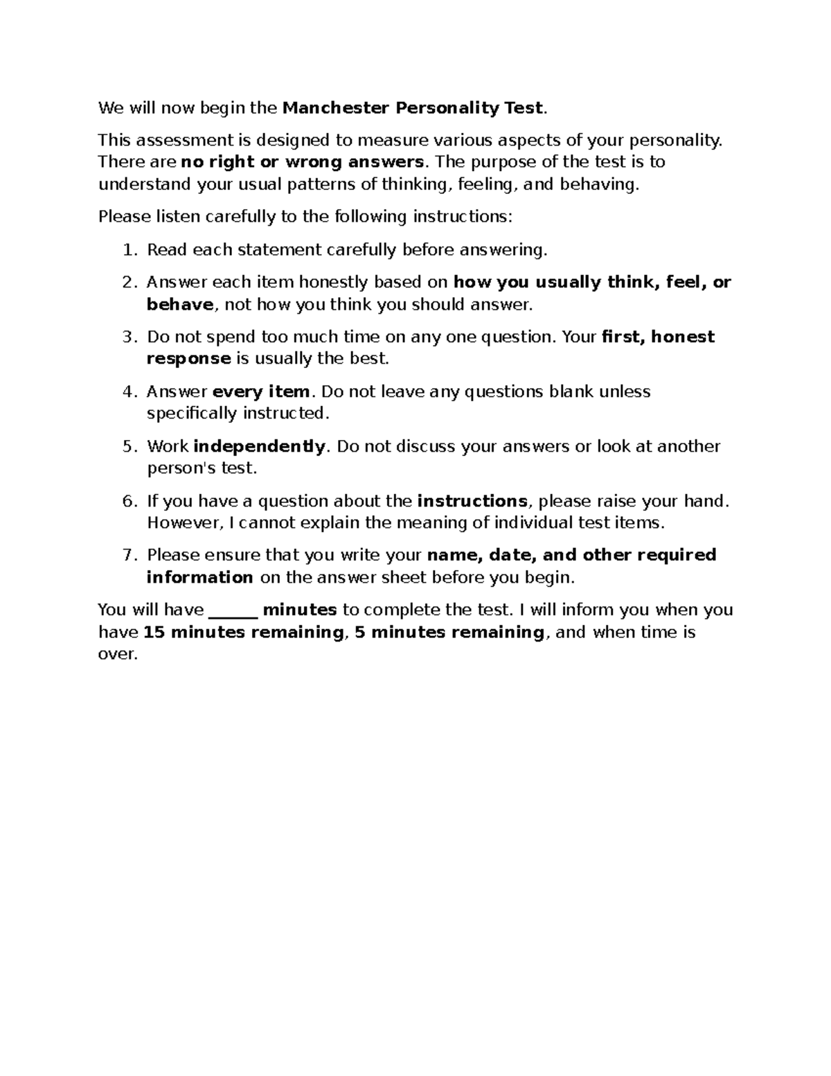 Psychometric Test Instructions: Manchester Personality & Leadership ...