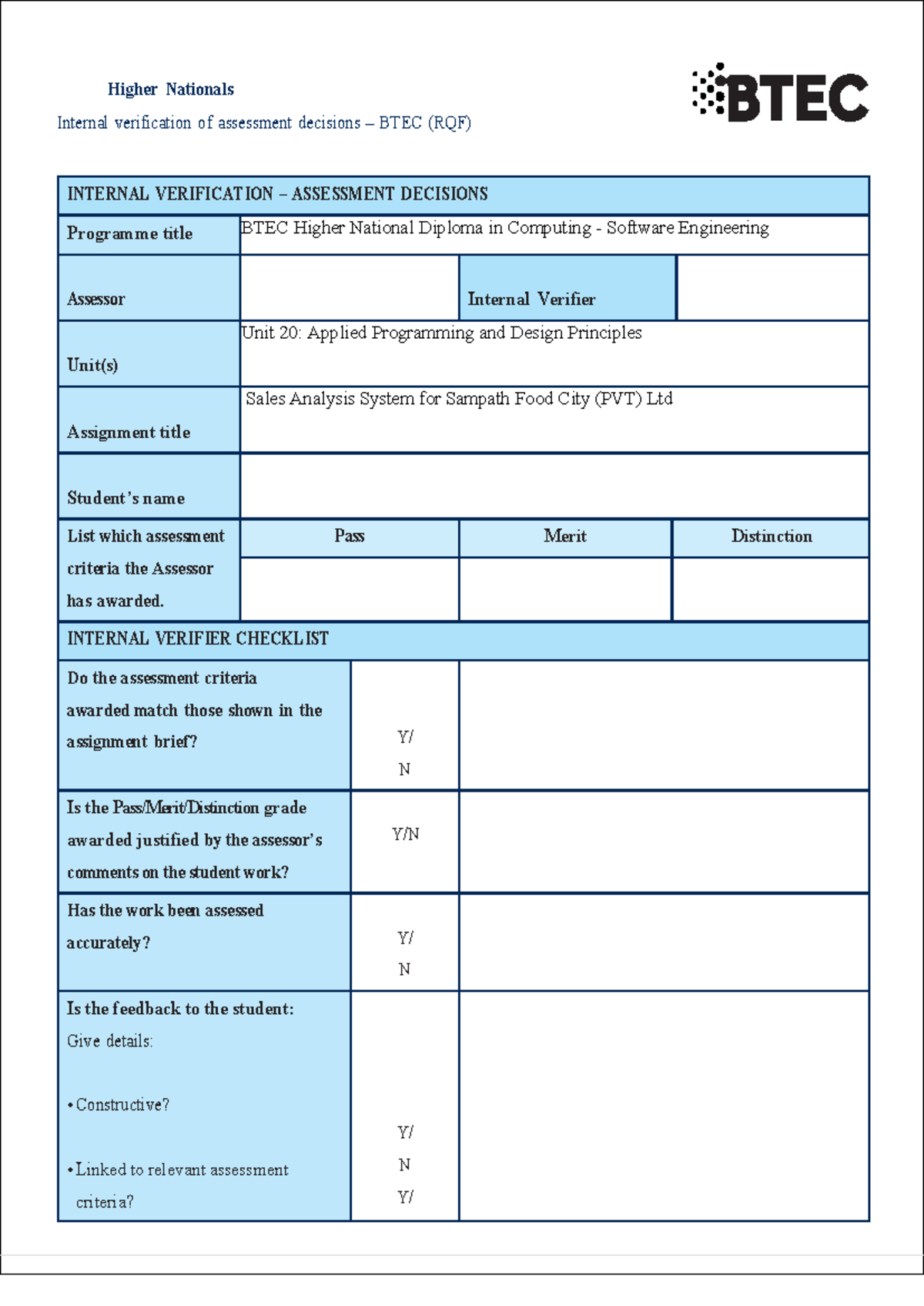 BTEC HND Computing Unit 20: Internal Verification of Assessment ...