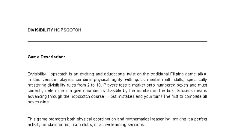 DIVISIBILITY HOPSCOTCH: A Fun Math Game for Active Learning - Studocu