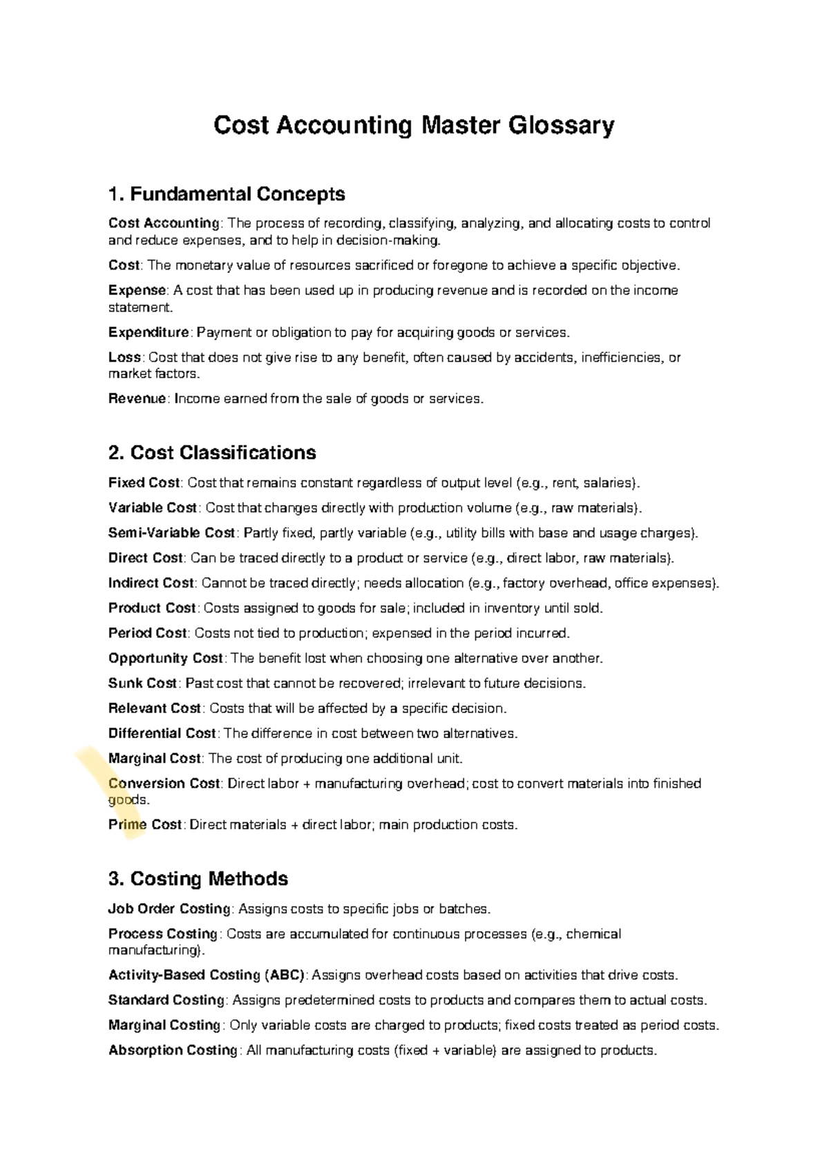 Cost Accounting Glossary: Key Concepts and Classifications - Studocu