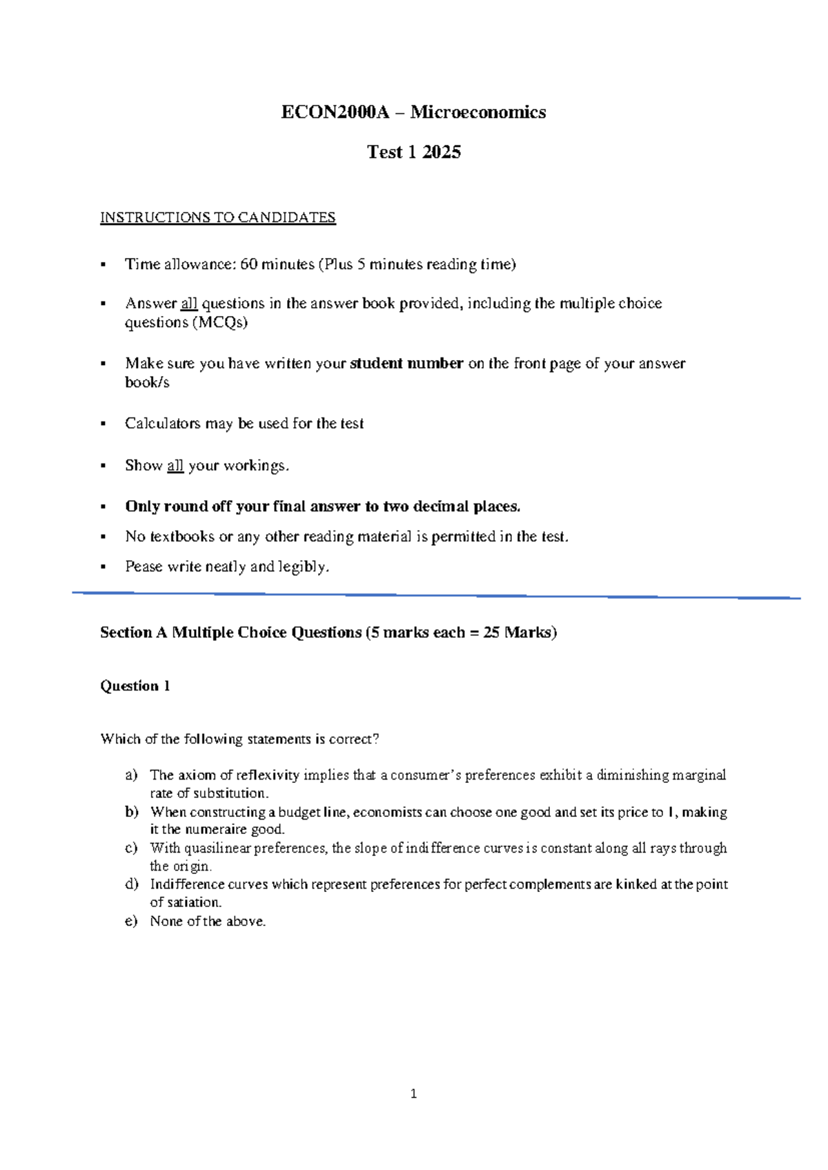 Microeconomics II Test 1 Instructions and Questions 2025 - Studocu
