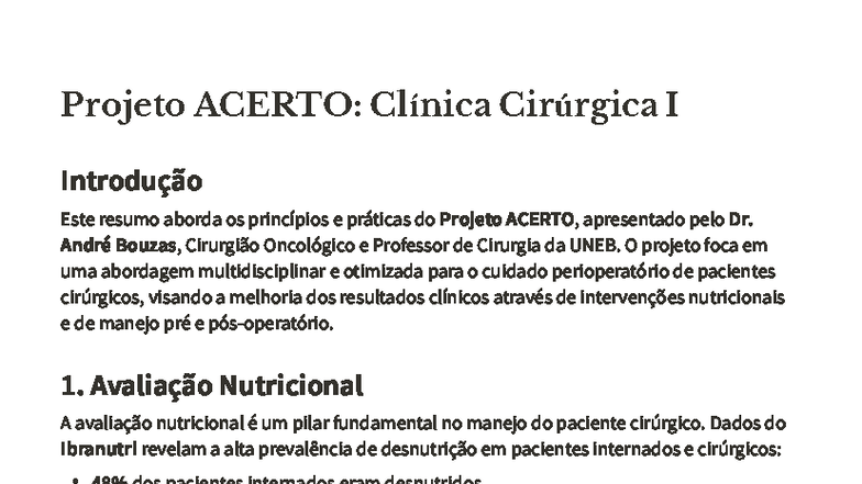 Projeto ACERTO: Abordagem Multidisciplinar em Clínica Cirúrgica I - Studocu