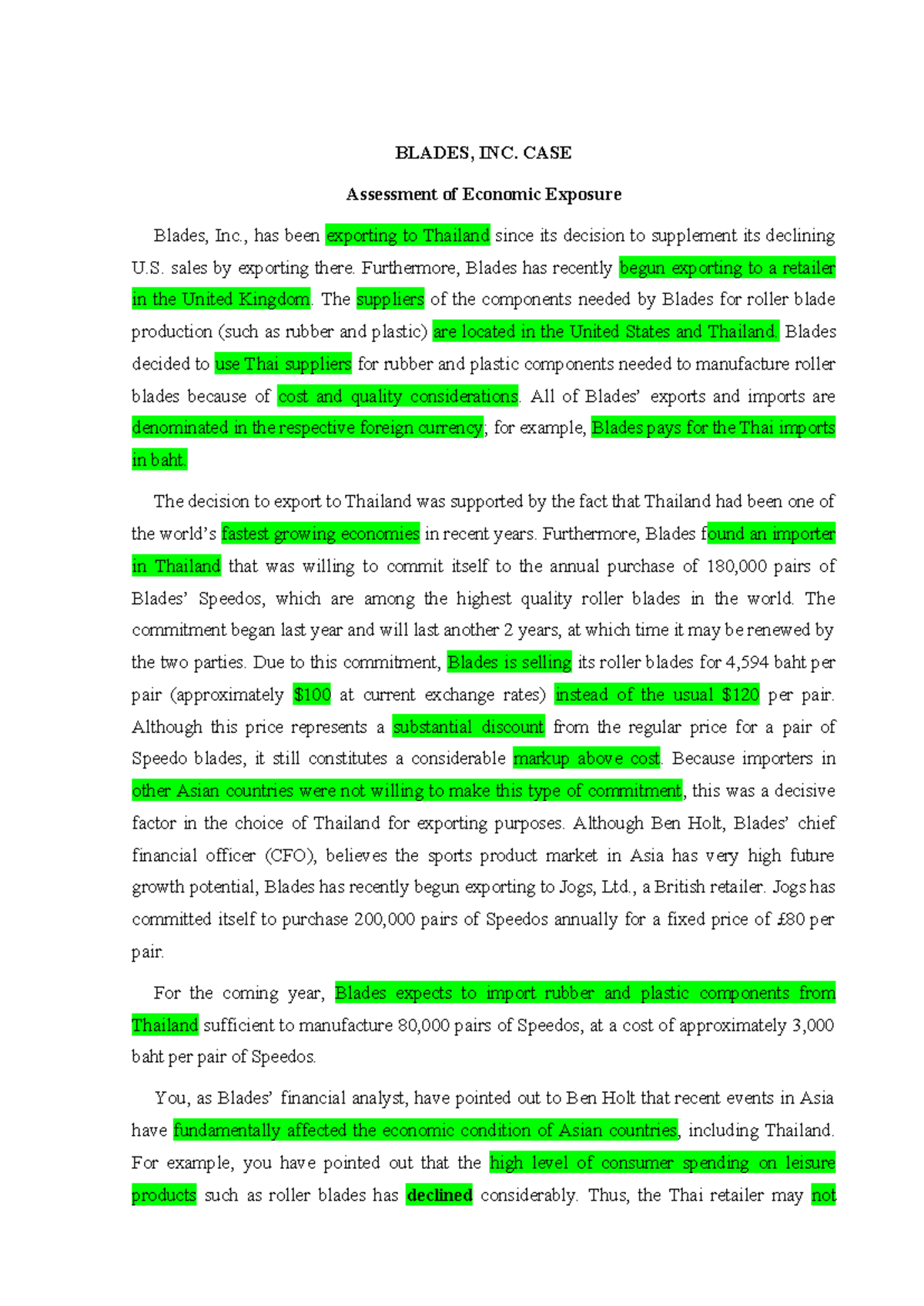 Mini Case - Blades - Assessment of Economic Exposure - BLADES, INC ...