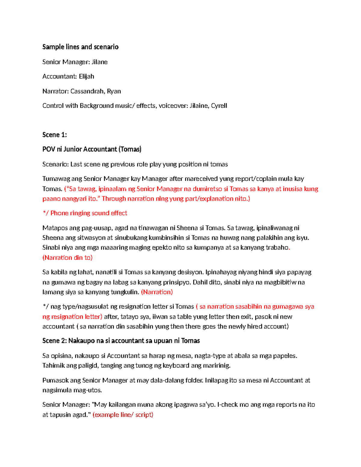 Role-play - Sample - Sample lines and scenario Senior Manager: Jilane ...