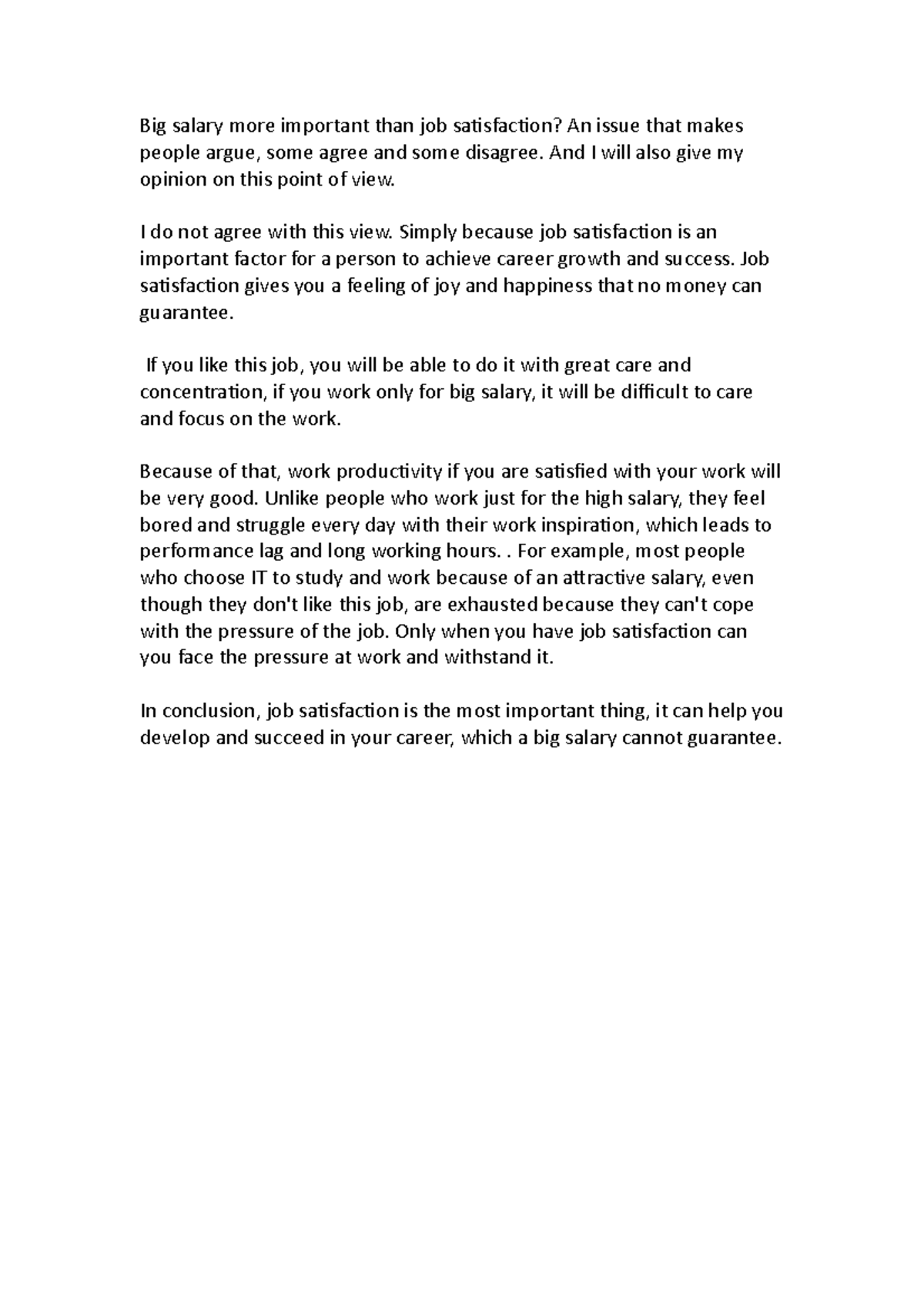 Essay: Importance of Job Satisfaction Over Salary in Career Growth ...