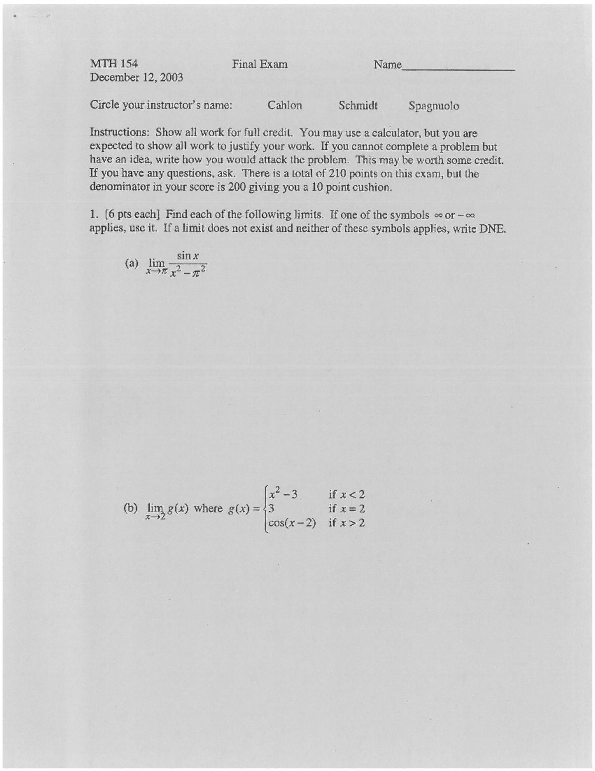 MTH 154 Old Final Exam Questions and Solutions (Dec 2003) - Studocu