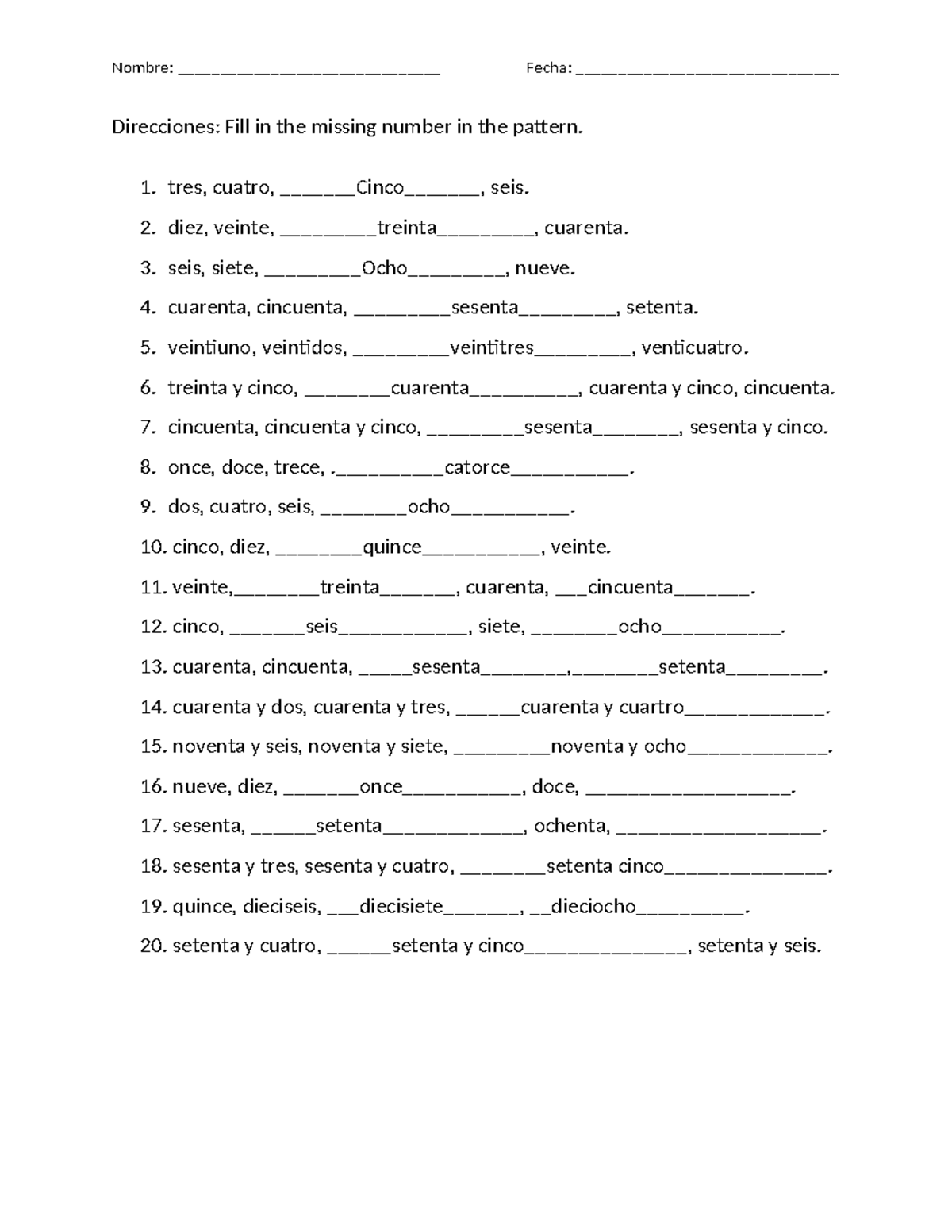 Spanish Numbers Worksheet-1: Fill in the Missing Patterns - Studocu