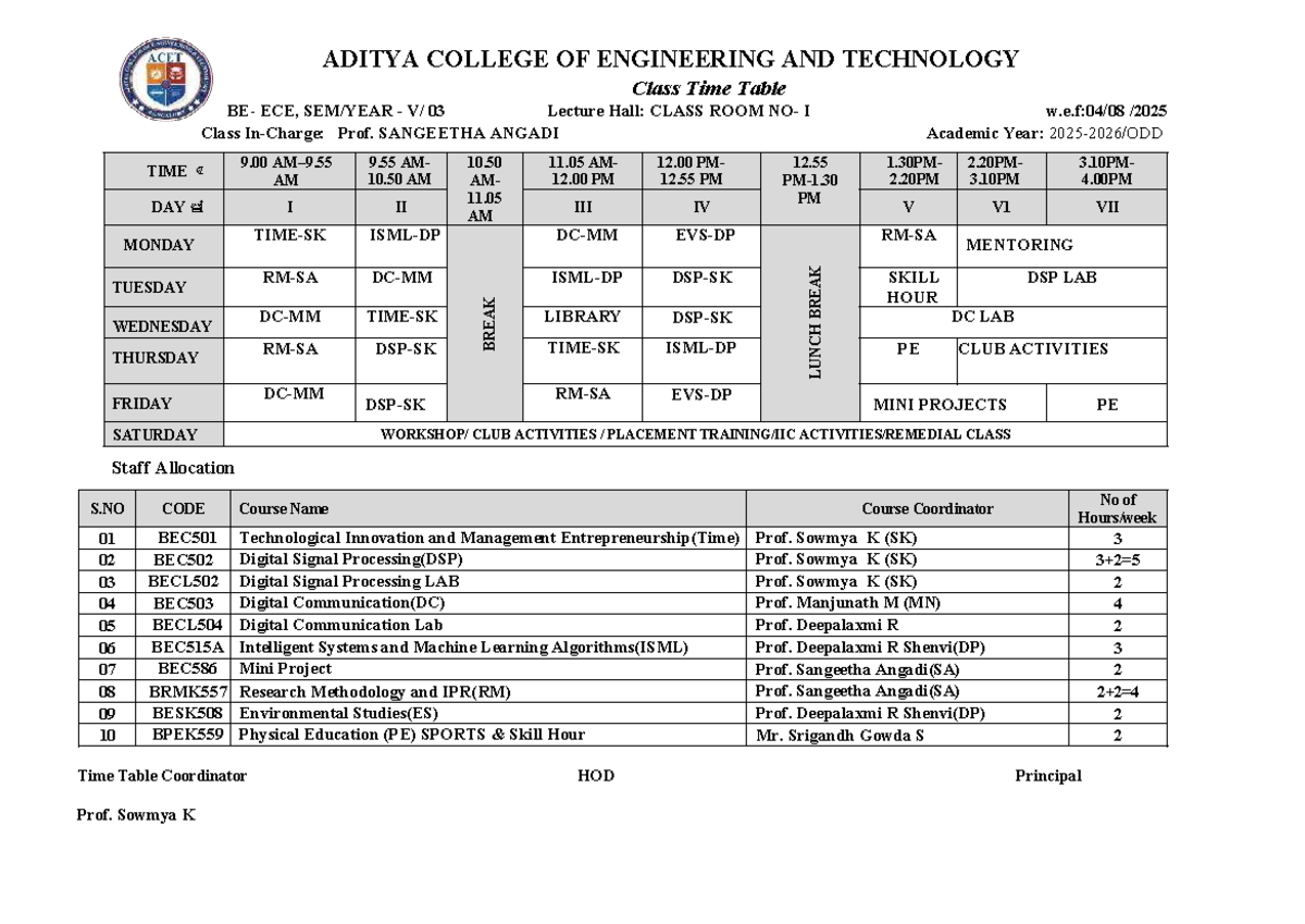 ECE 5TH SEM Class Time Table - Academic Year Notes - Studocu