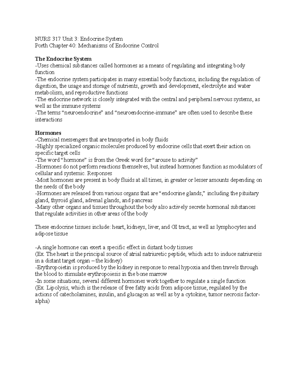 NURS 317 Unit 3 - Overview of the Endocrine System and Hormonal Actions ...