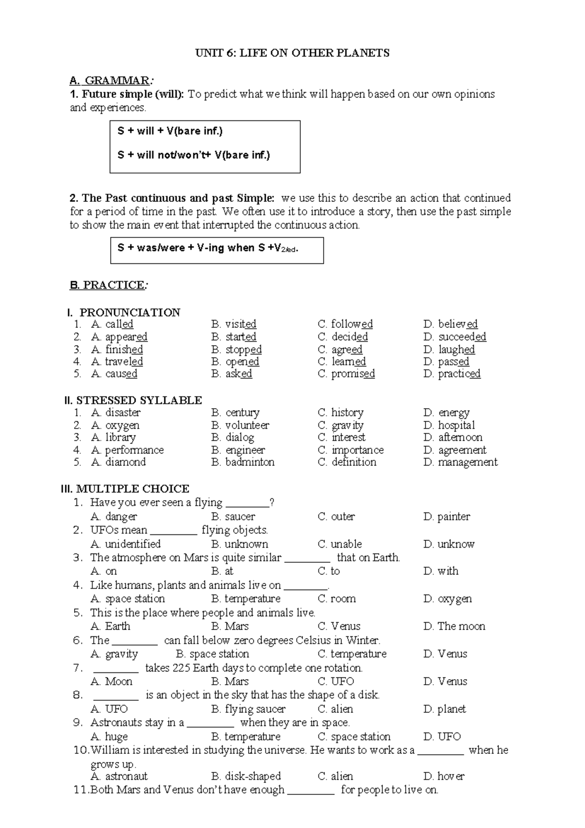 UNIT 6: LIFE ON OTHER PLANETS - GRAMMAR & PRACTICE NOTES - Studocu