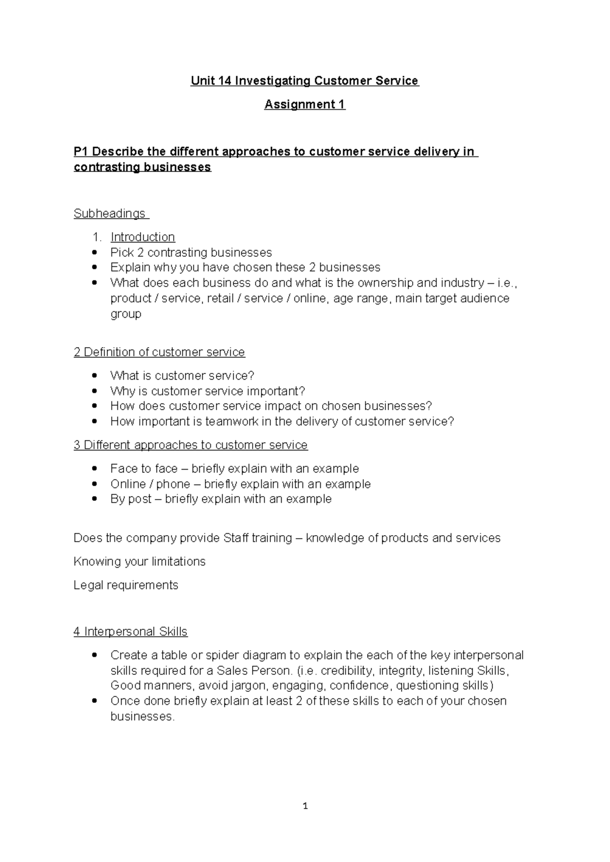 Unit 14 Assignment: Customer Service Approaches & Improvement ...