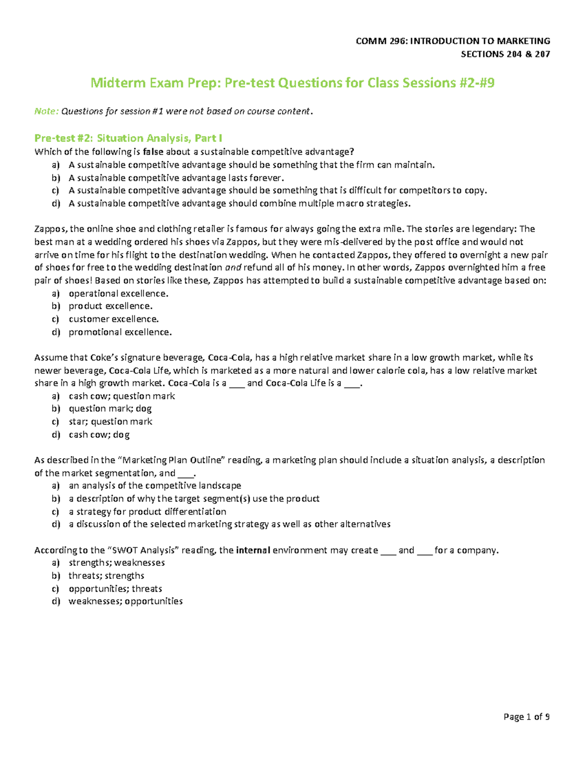 Midterm Exam Prep: Pre-test Questions for Sections 204 & 207 - Studocu