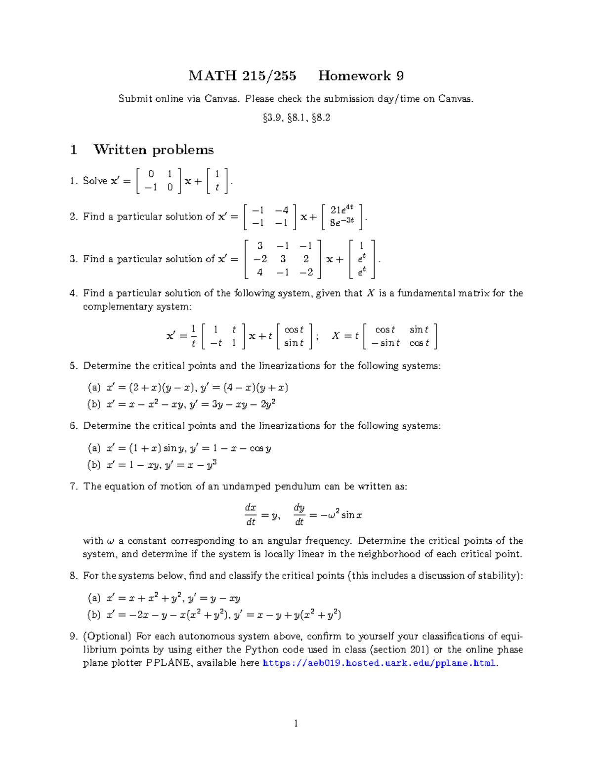 MATH HW9: Critical Points & Linearizations Analysis - Studocu
