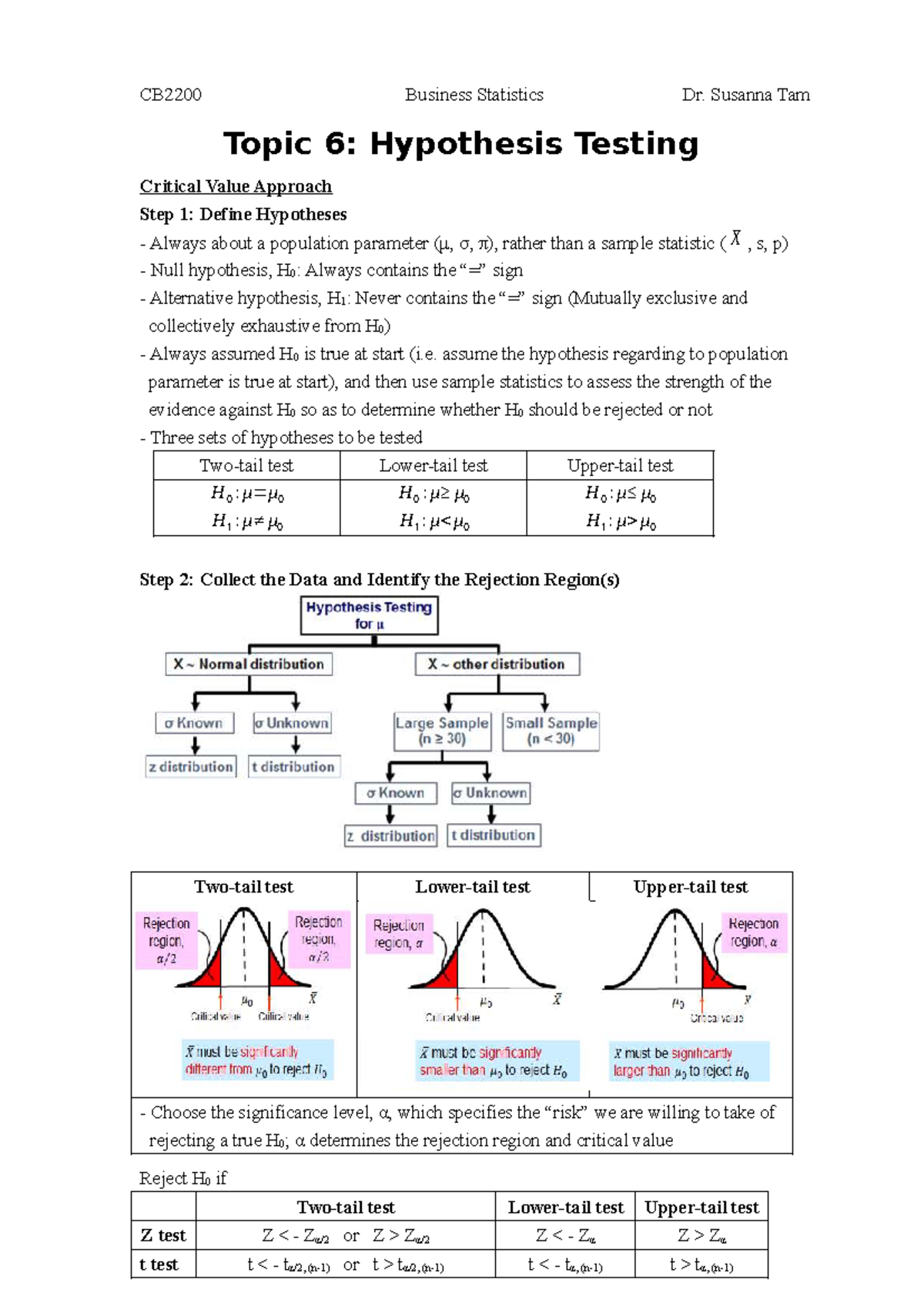 CB2200 Business Statistics: Topic 6 Summary on Hypothesis Testing - Studocu