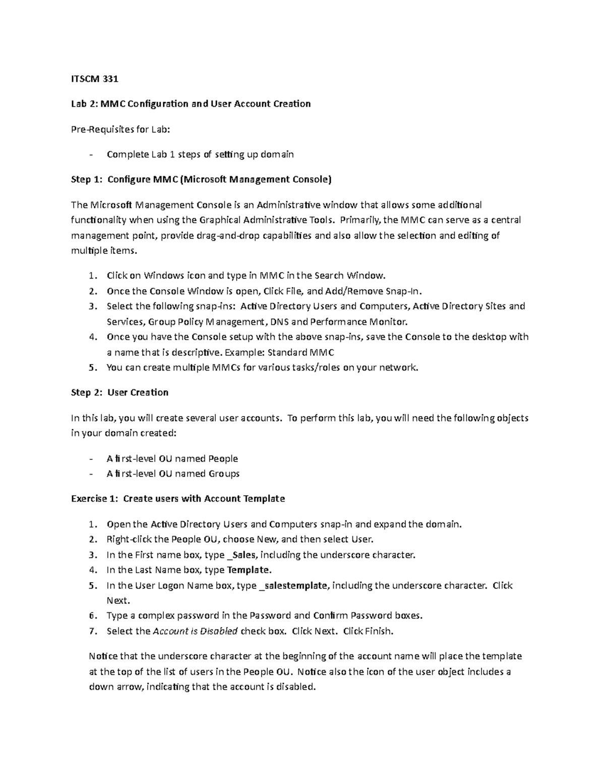 ITSCM 331 Lab 2: MMC Configuration & User Account Setup Guide - Studocu