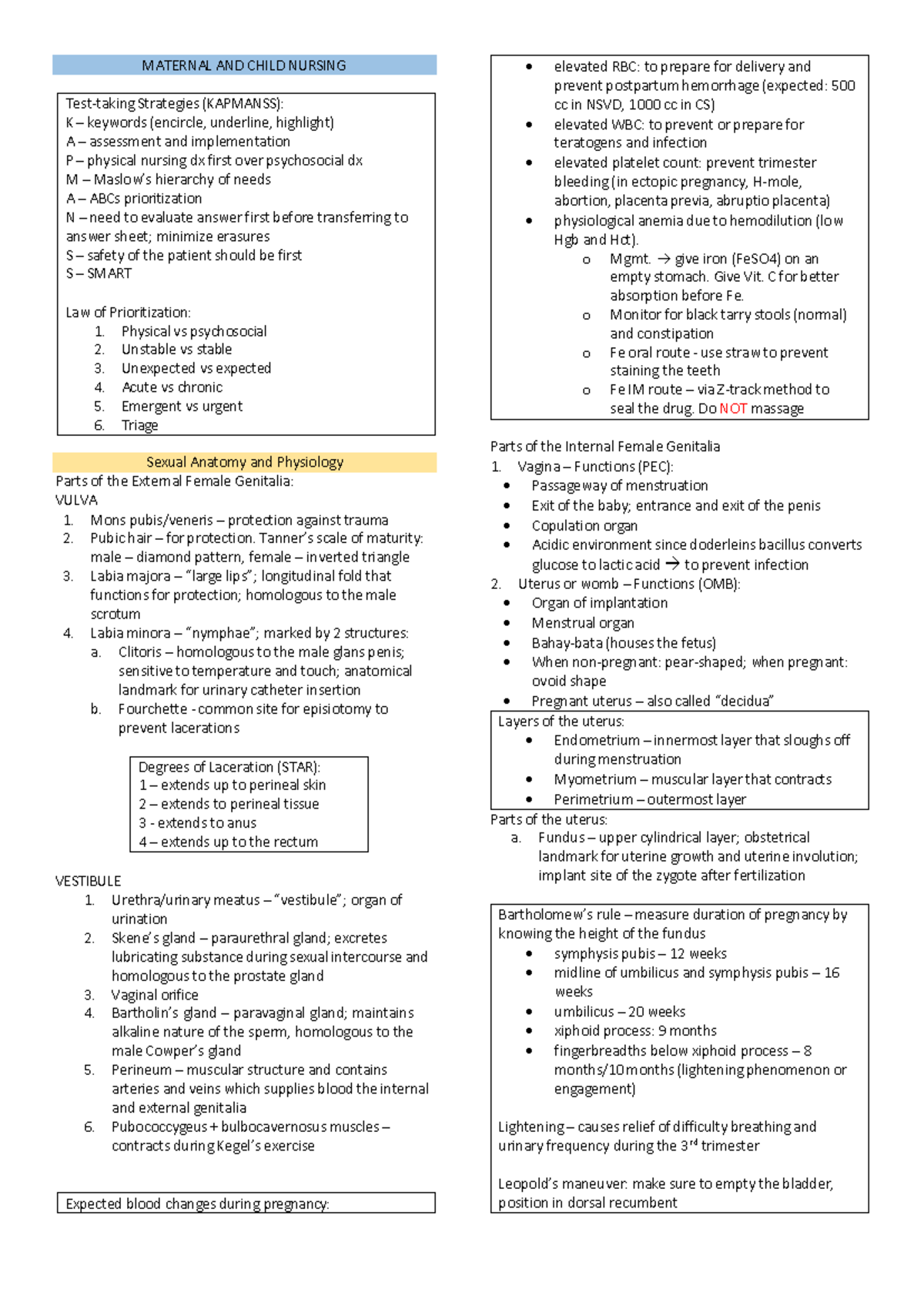 Maternal and Child Nursing Lecture Notes (KAPMANSS) - Studocu