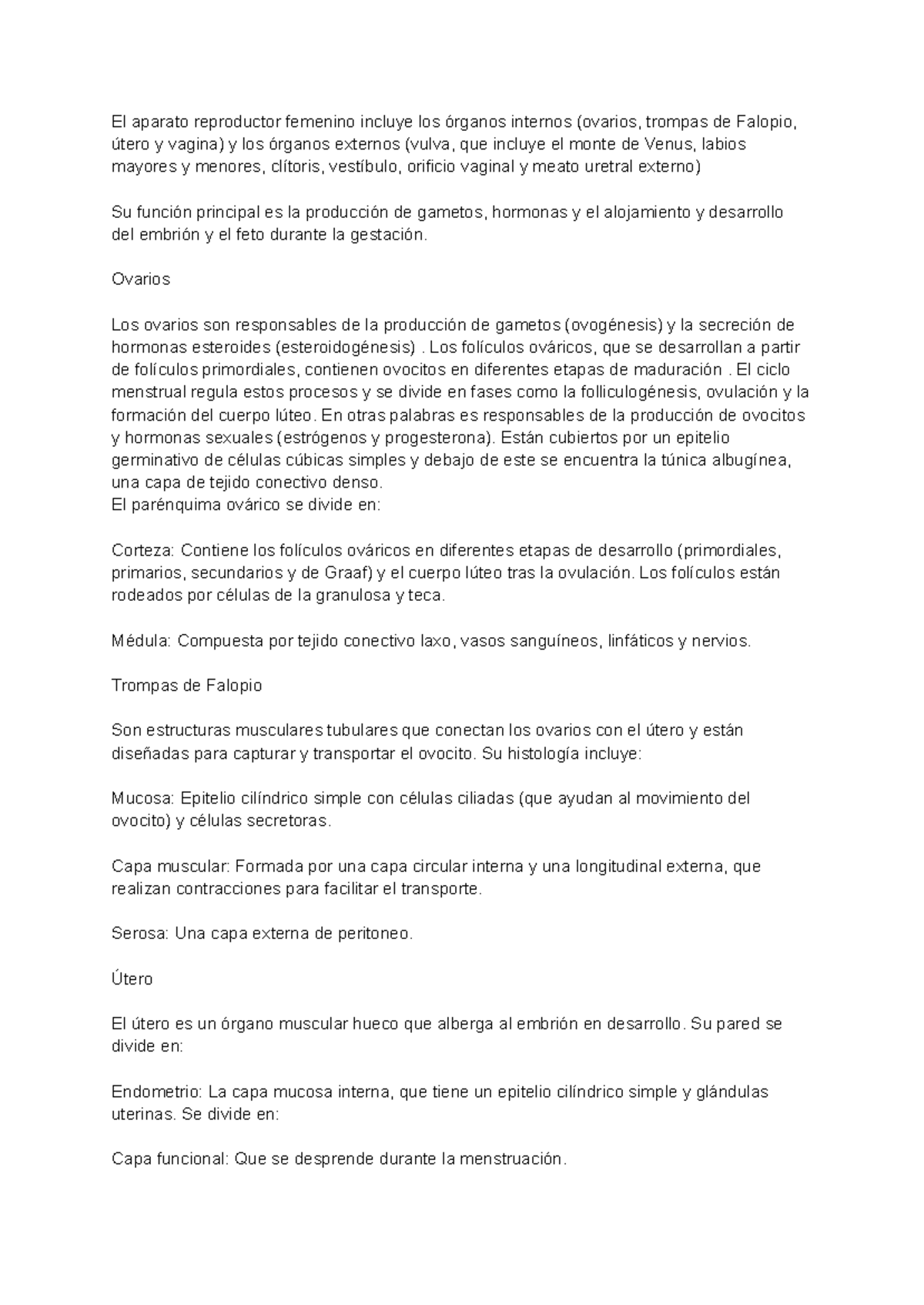 Resumen del Aparato Reproductor Femenino - Biología 101 - Studocu