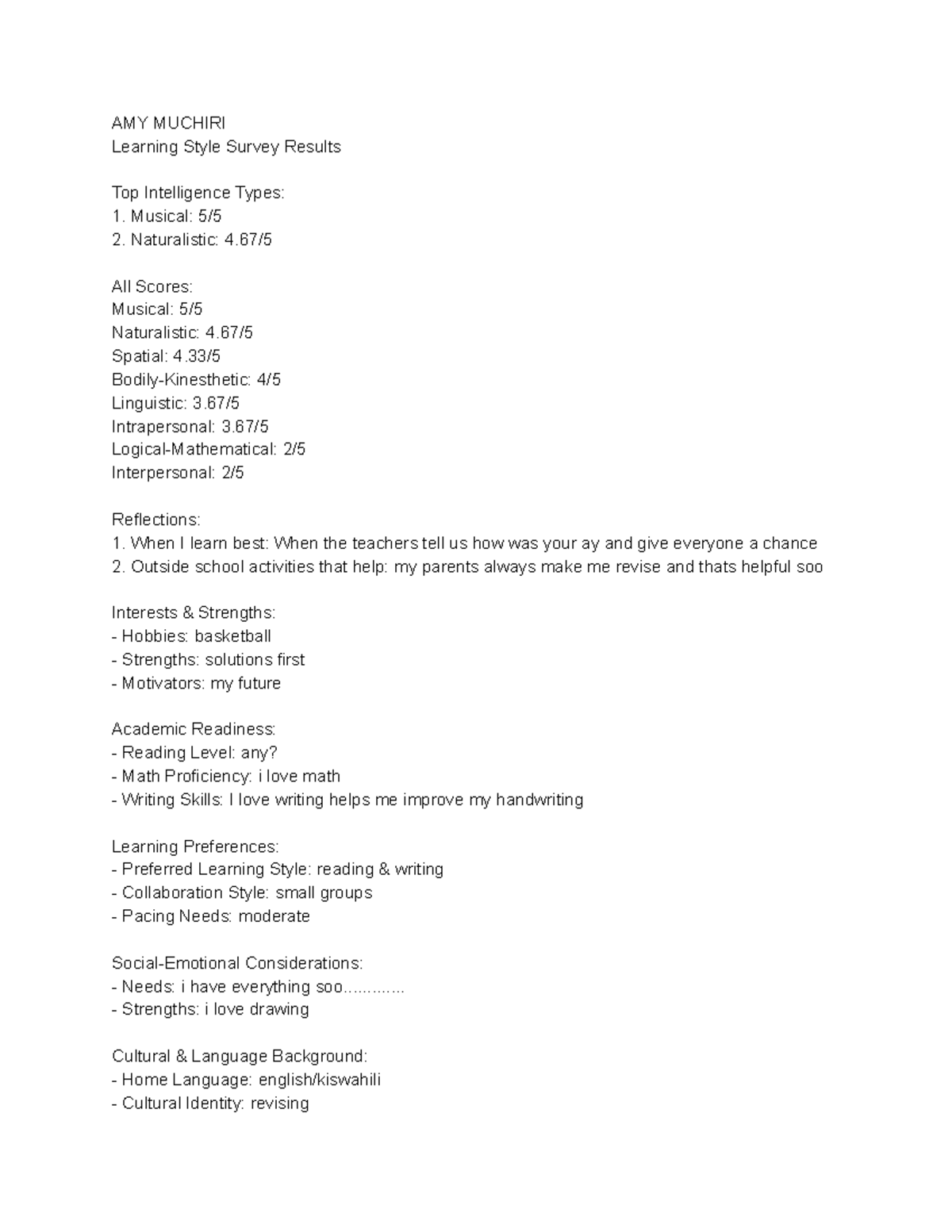 AMY MUCHIRI Learning Style Survey Results & Reflections - Studocu