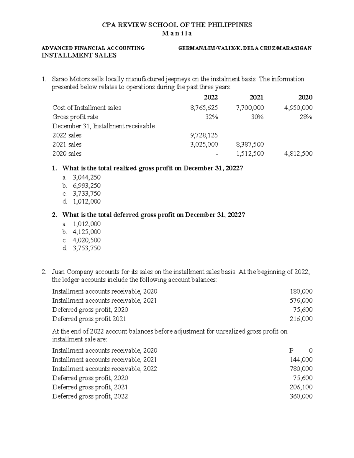 Installment Sales Case Study Problems - Advanced Accounting (ACC 101) - Document Preview