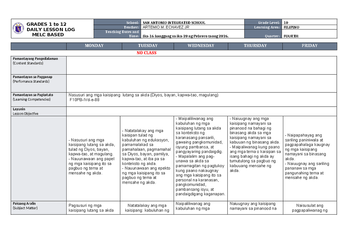 WEEK 4 DAILY LESSON LOG FOR GRADE 10 FILIPINO (FOURTH QUARTER) - Studocu