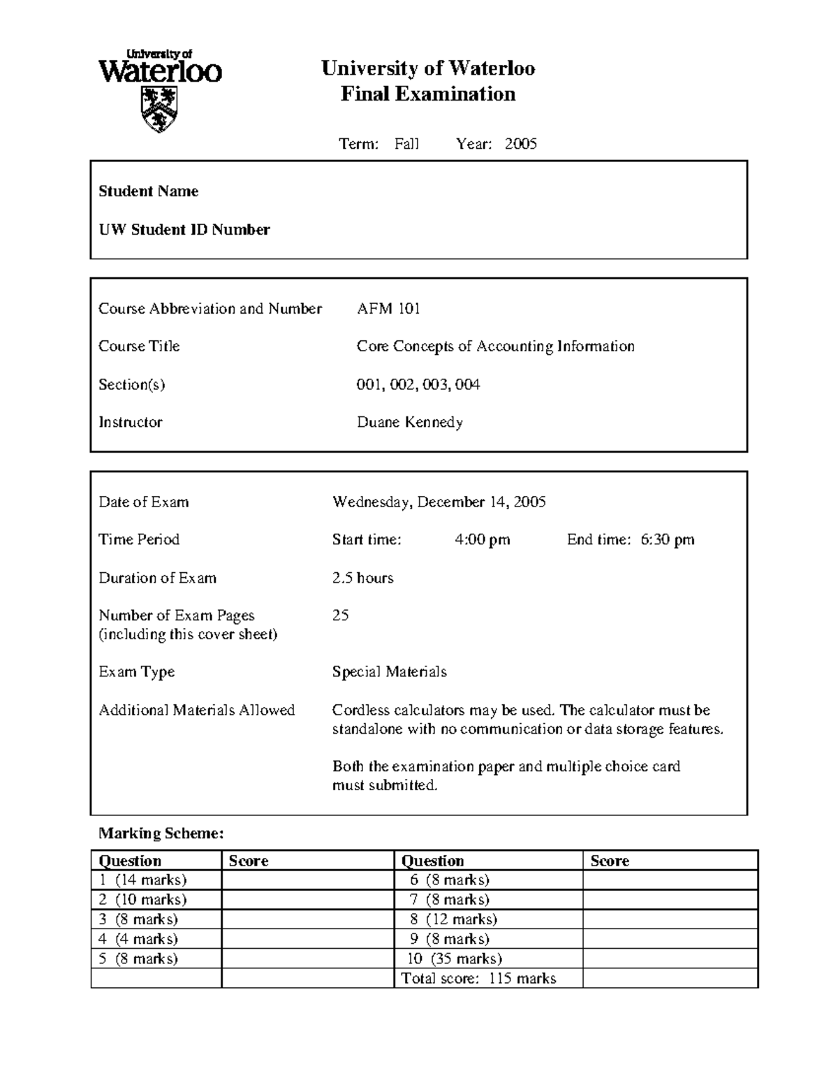 AFM 101 Final Exam Review: Questions & Answers for Fall 2005 - Studocu