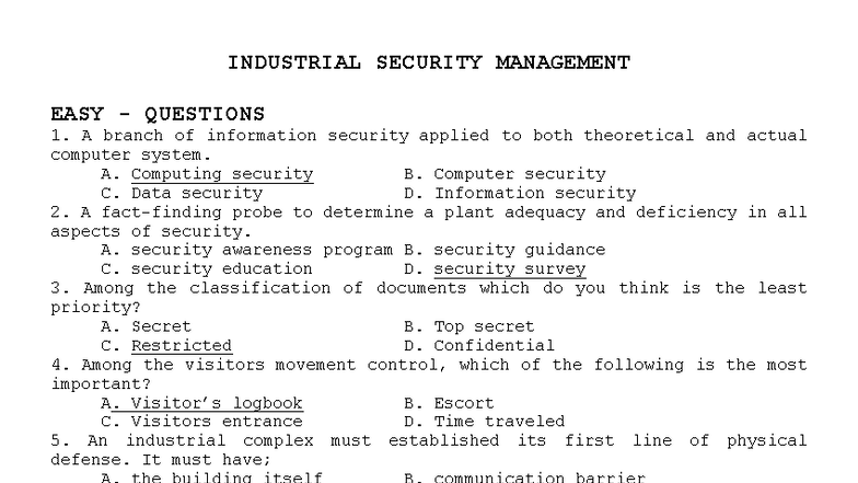 INDUSTRIAL SECURITY MANAGEMENT: EASY & MODERATE QUESTIONS (LEA3) - Studocu