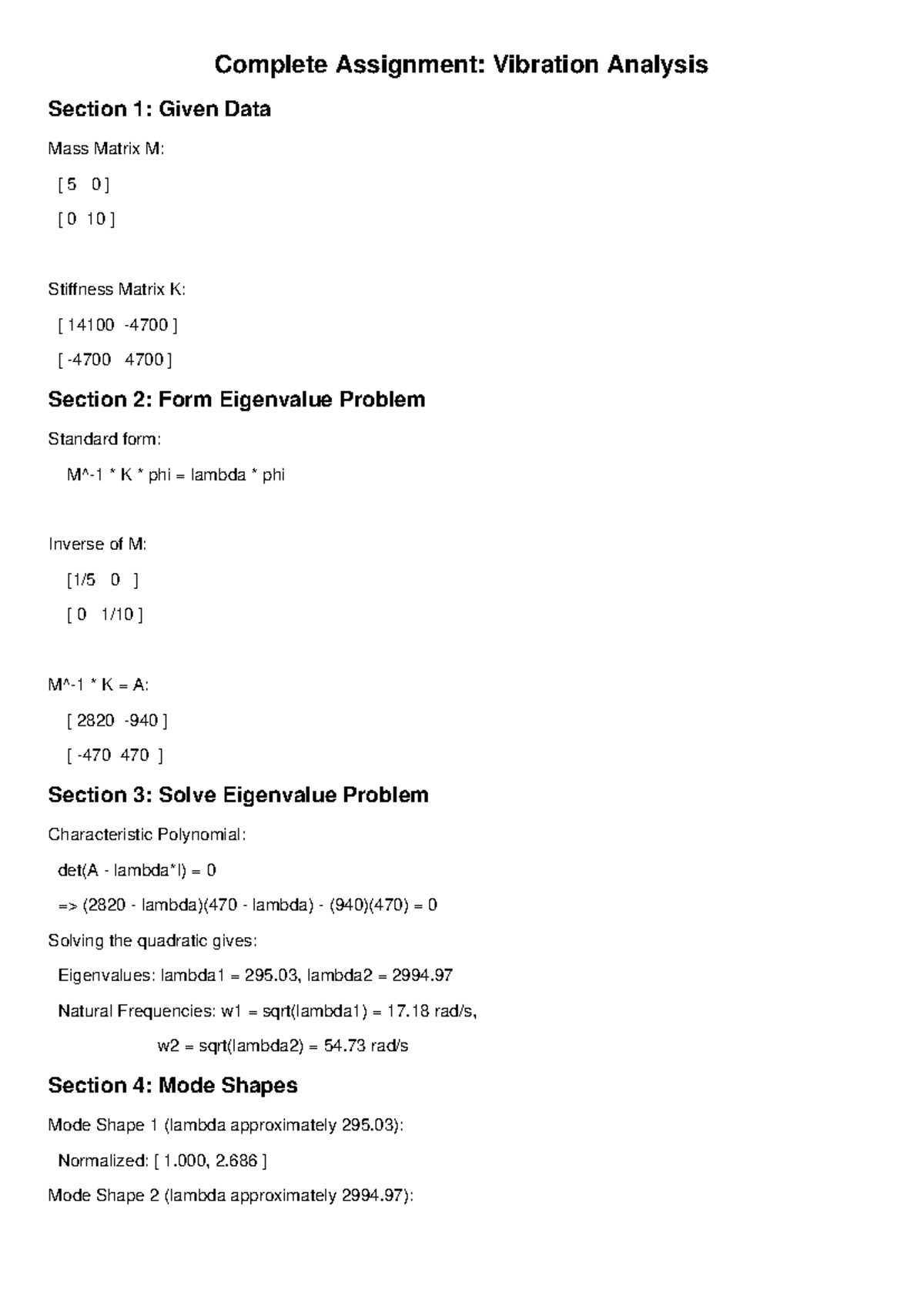 Vibration Analysis Assignment: Eigenvalue Problem & Solutions - Studocu