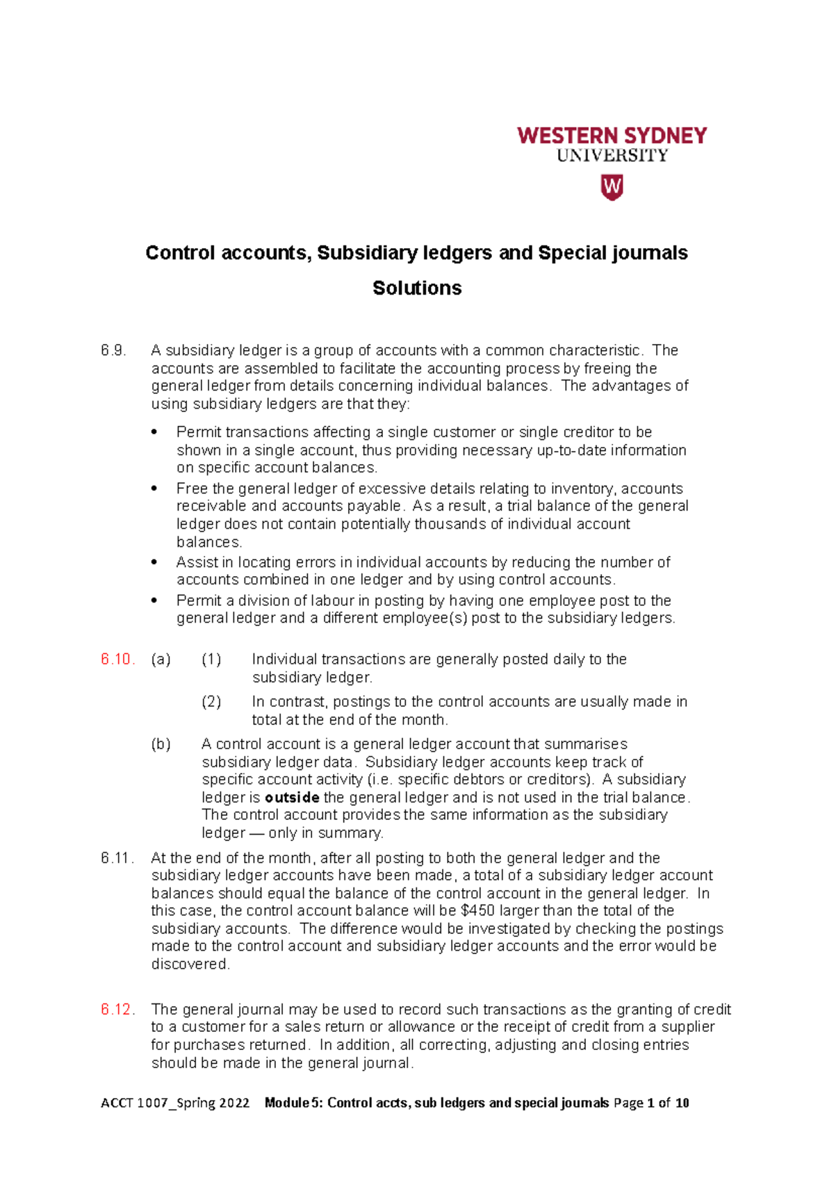 2001 11 Module 5 Solutions: Control Accounts & Subsidiary Ledgers - Studocu
