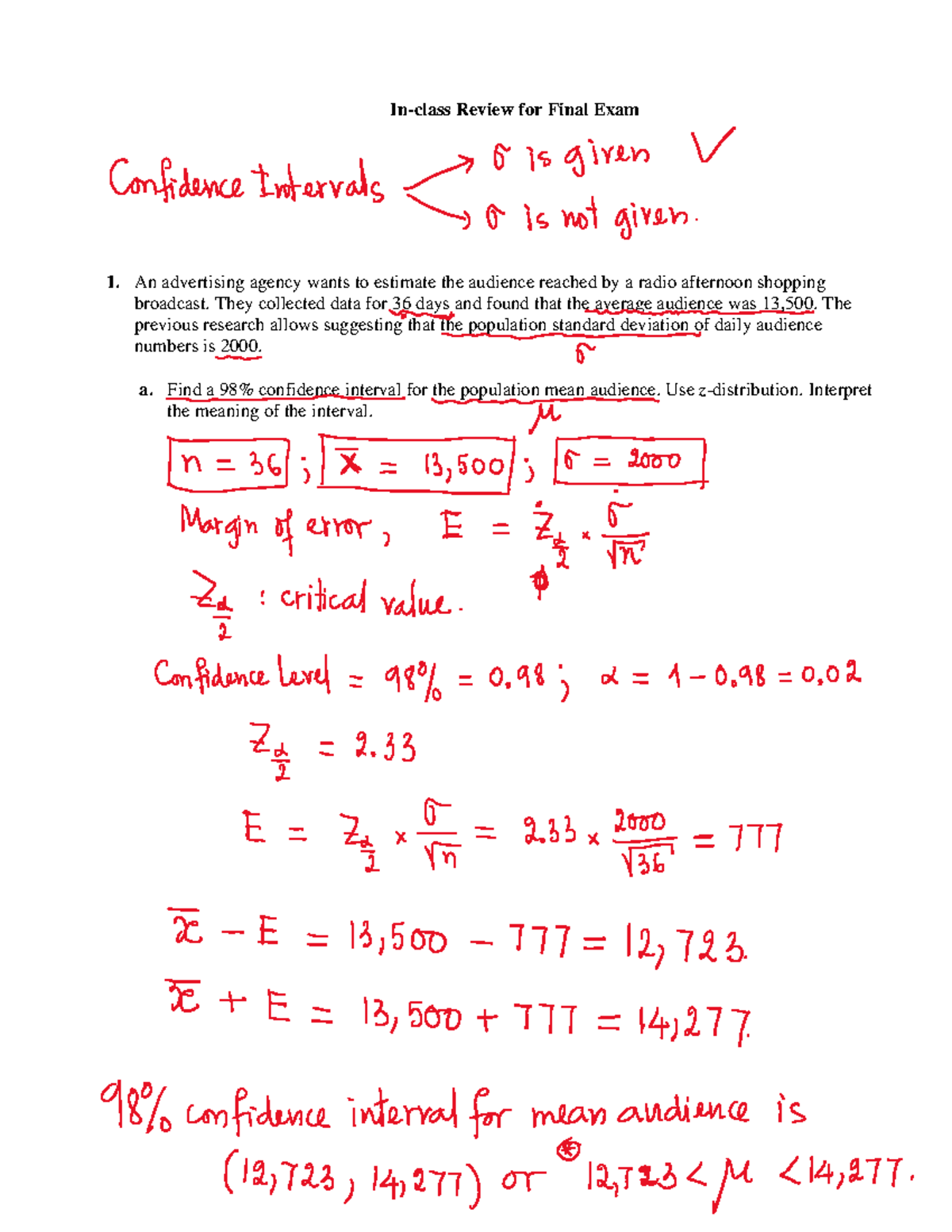 In-class Review for Final Exam: Confidence Intervals & Hypothesis ...