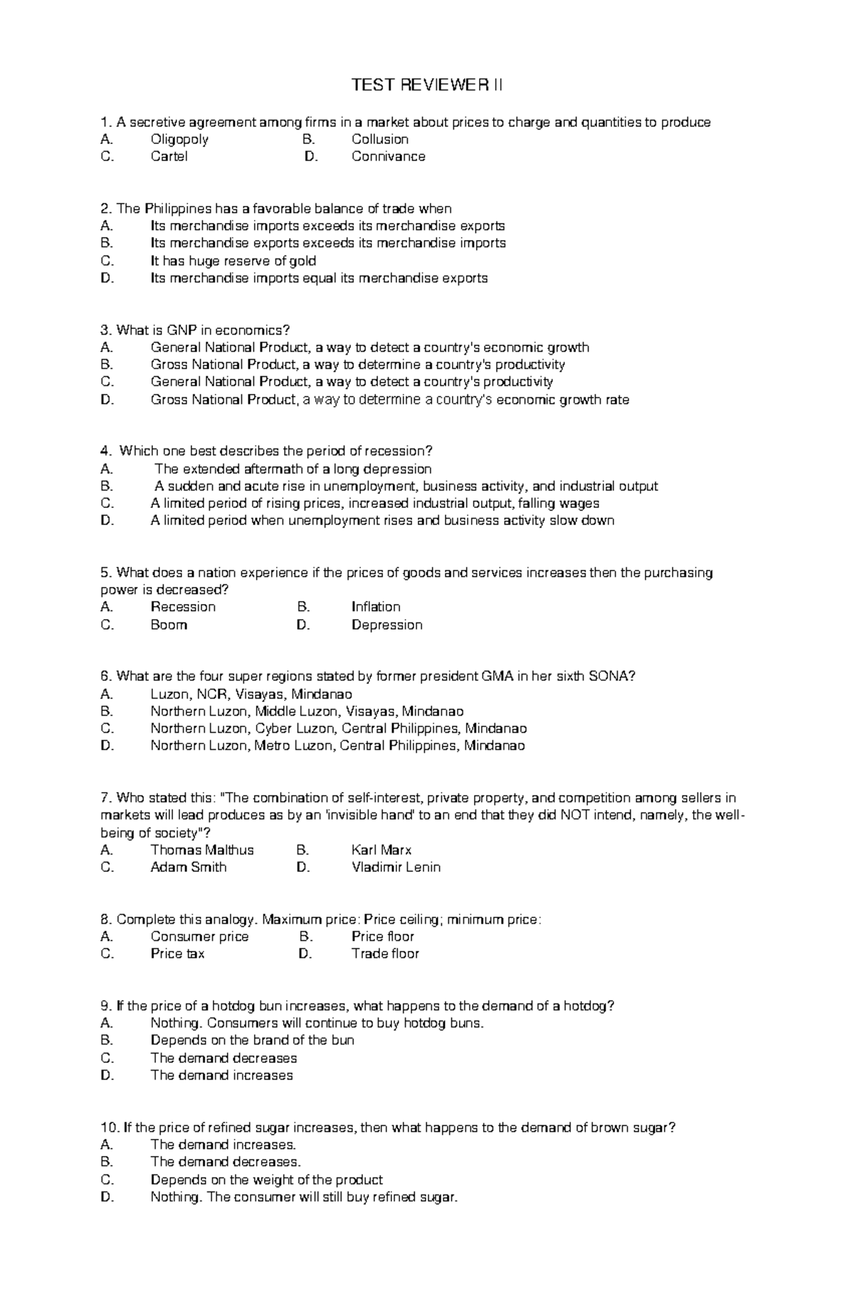 TEST REVIEWER II: Economics Concepts and Principles - Studocu