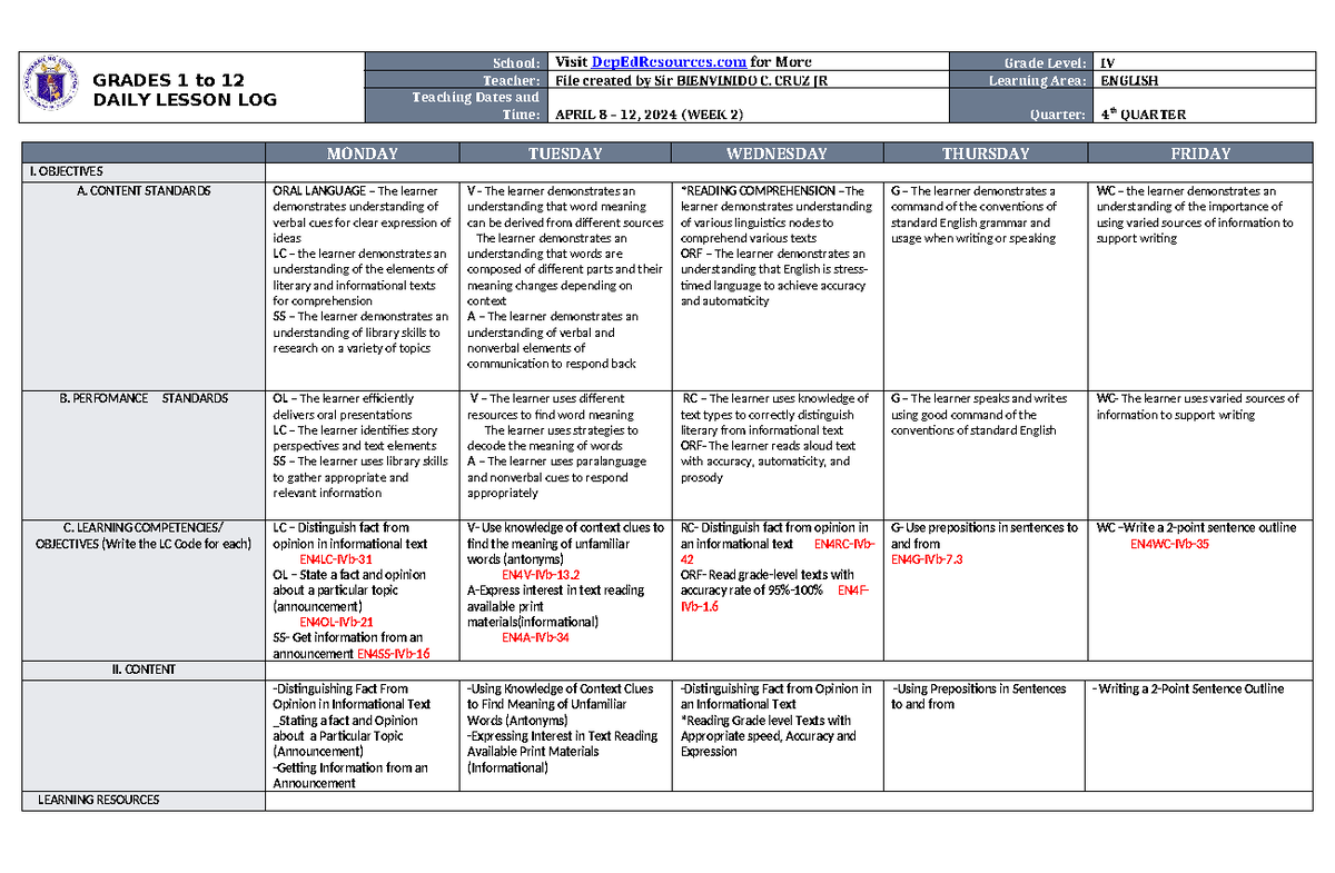 DLL English 4 Q4 W2 - Daily Lesson Log for Grade IV Teachers - Studocu