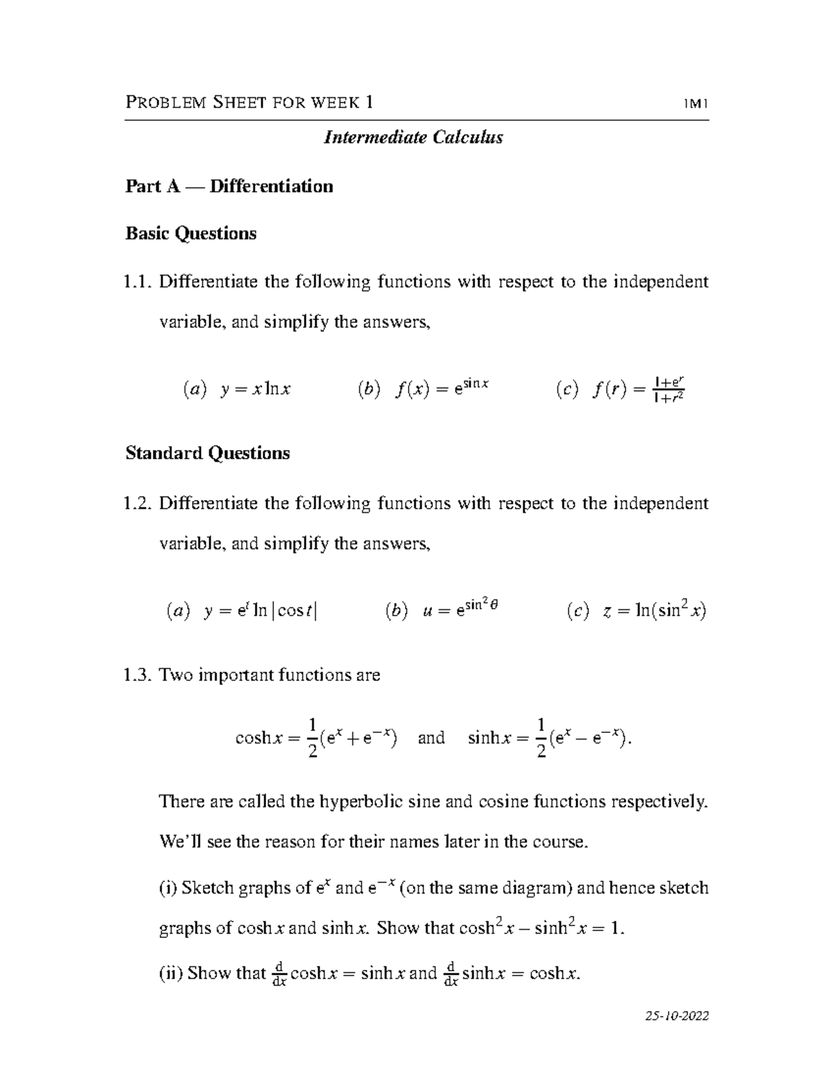 1M1 Intermediate Calculus Week 1 Problem Sheet: Differentiation ...