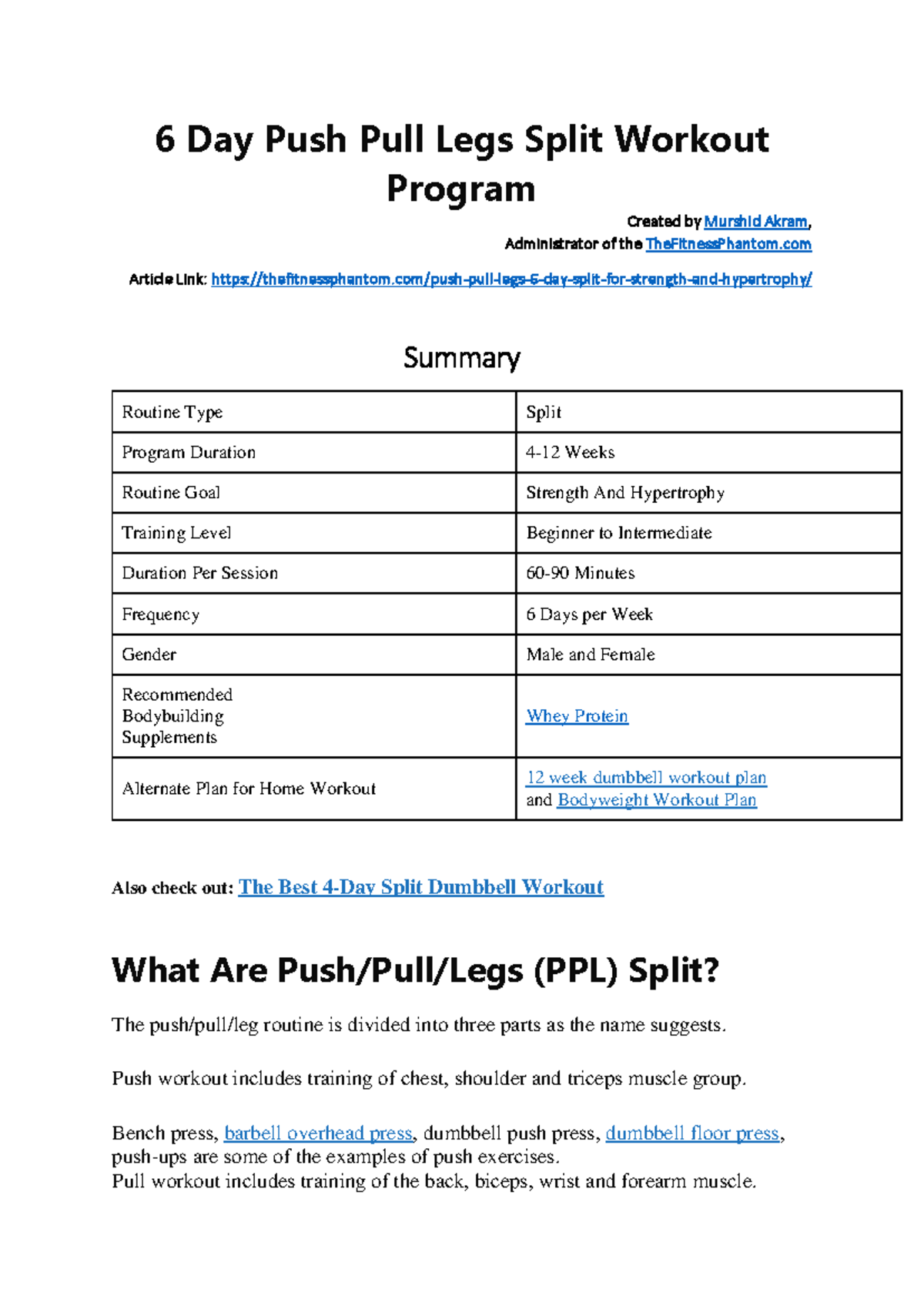 6 Day PPL Split For Strength and Hypertrophy PDF - 6 Day Push Pull Legs ...