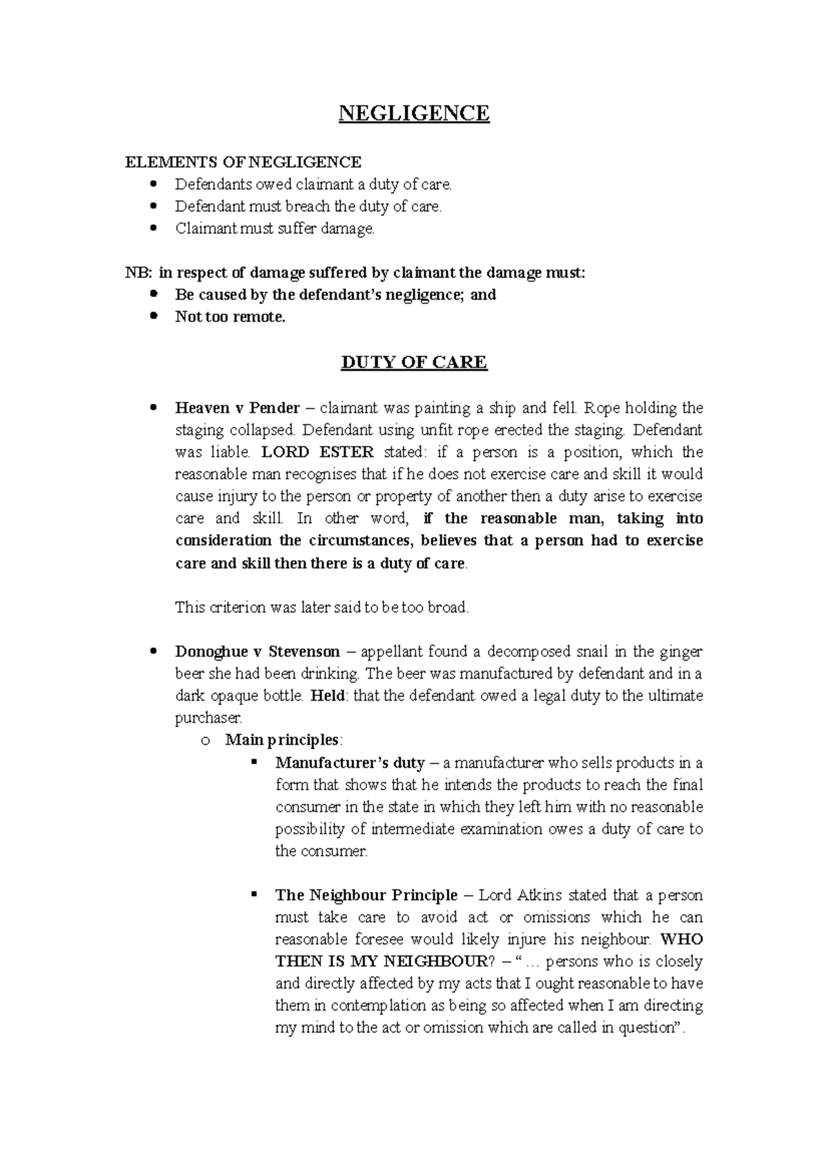 TORT 101: Key Principles & Case Law on Negligence Elements - Studocu