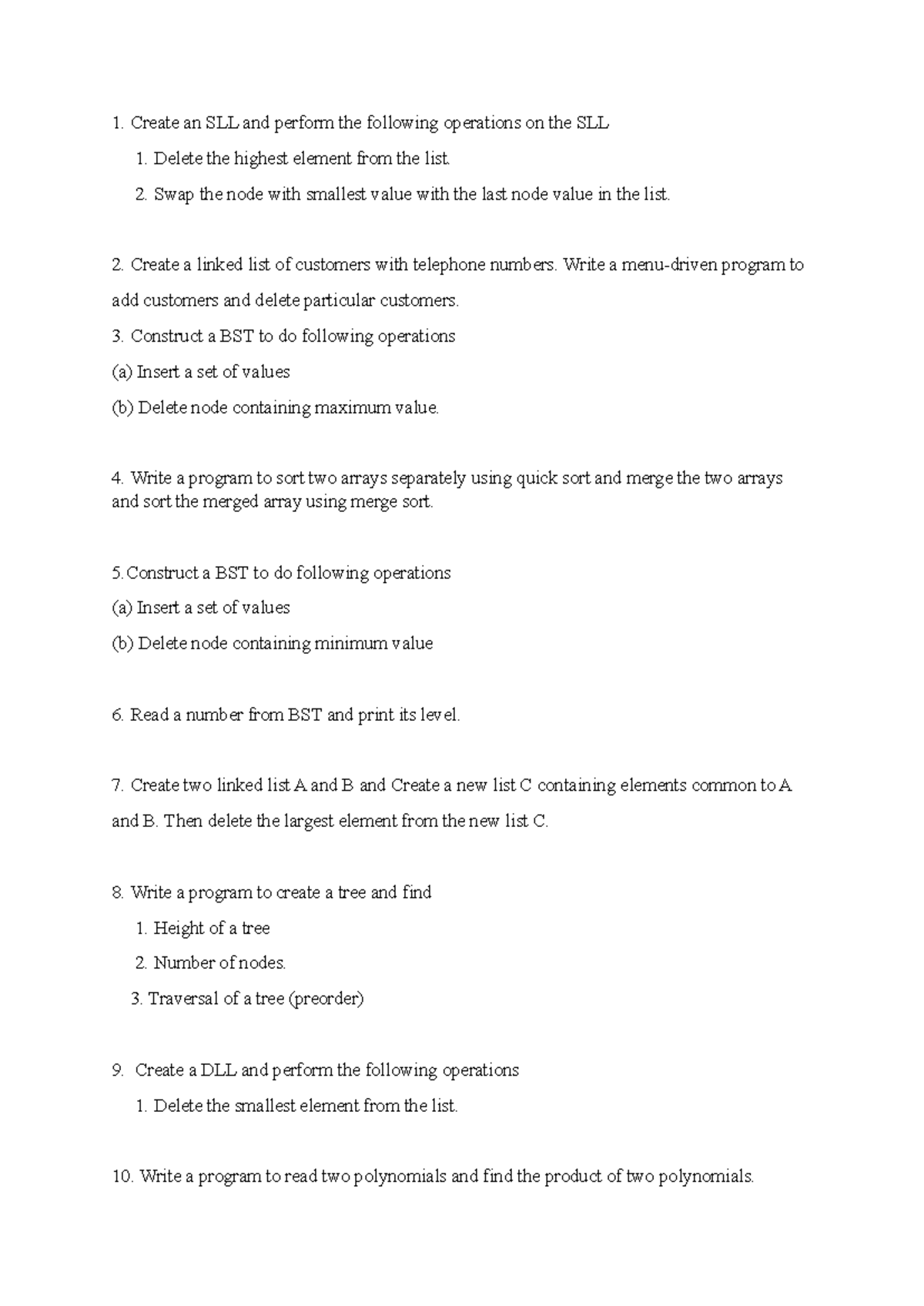 Lab Exam DS Questions - Operations on SLL, BST, DLL, and Graphs - Studocu