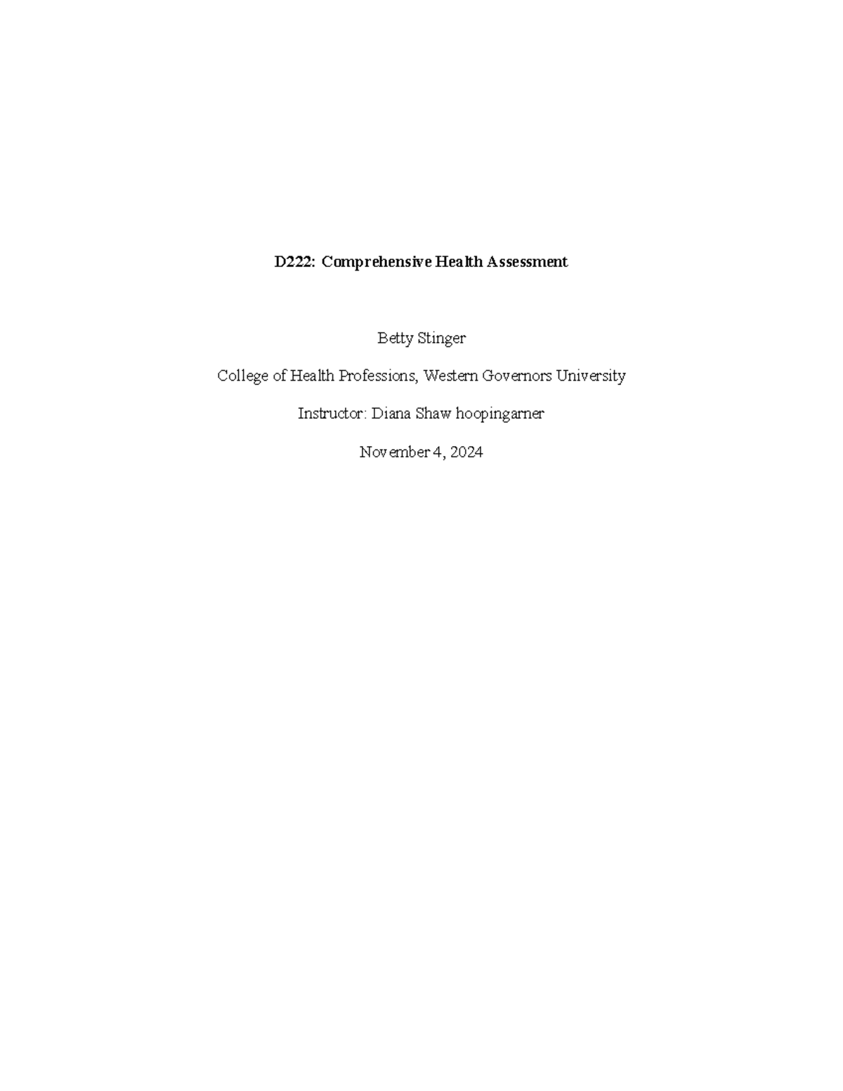 D222 Comprehensive Health Assessment: Health Promotion & SMART Goals ...