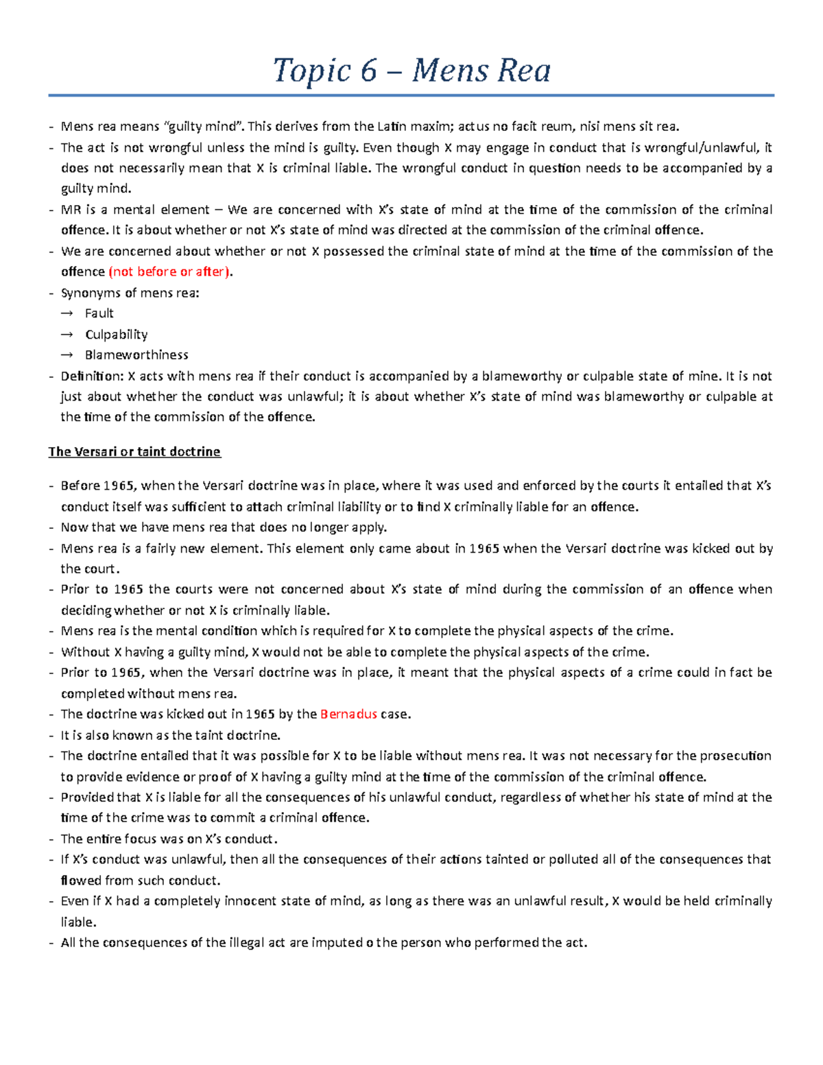 Topic 6 - Mens Rea: Summary of Lecture Notes & Case Law Analysis - Studocu