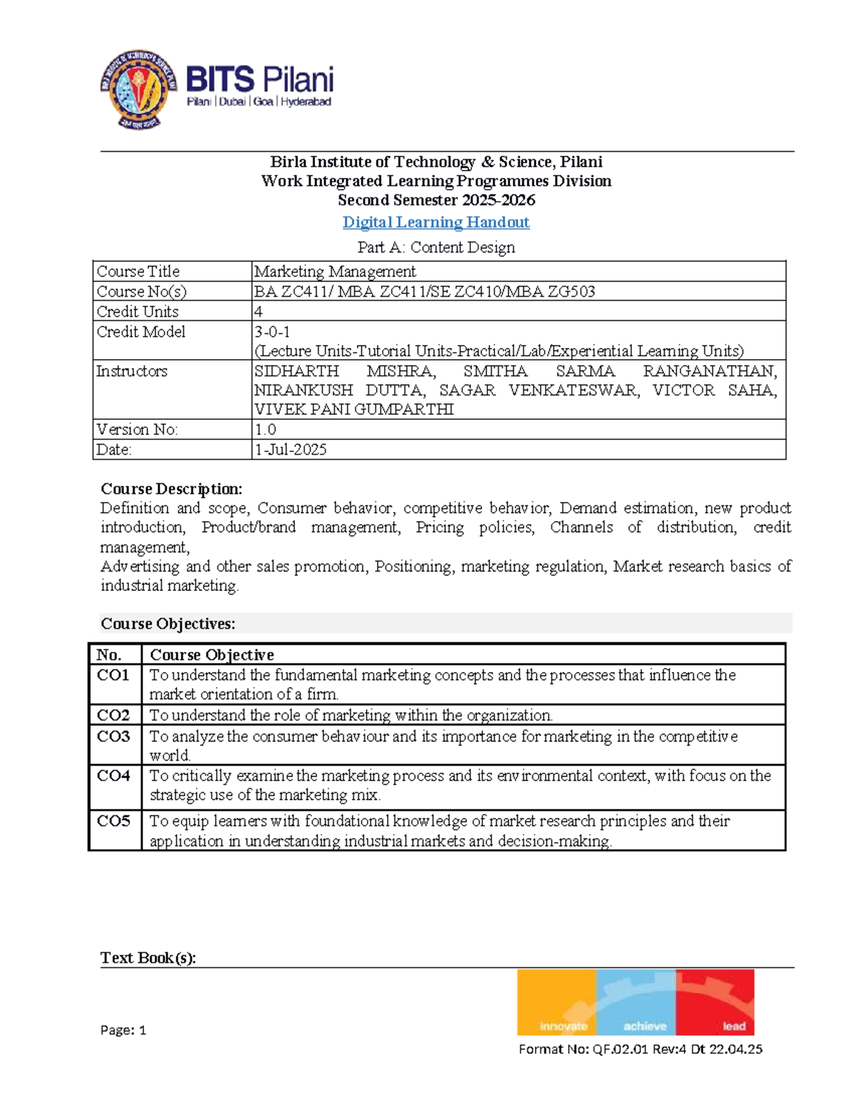 MBA ZG503 Marketing Management Course Handout - Studocu