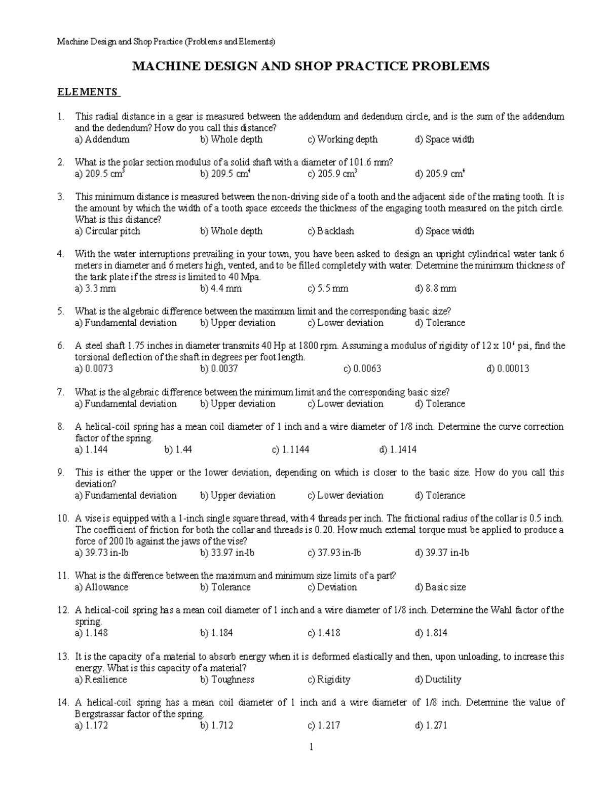 Copy of Machiine Design AND SHOP Practice (Questionnaire) - MACHINE ...