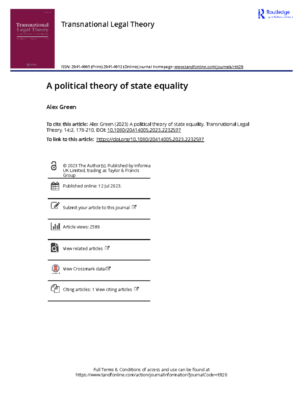 Transnational Legal Theory: A Political Theory of State Equality - Studocu