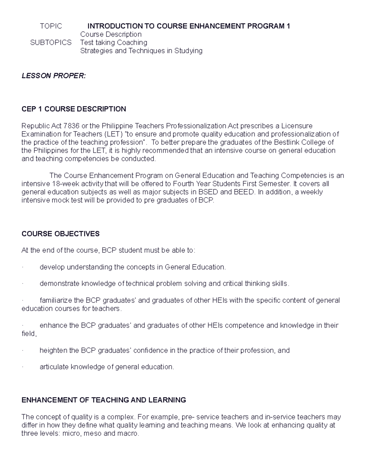 CEP1 - Introduction to Course Enhancement Program and Test Taking ...