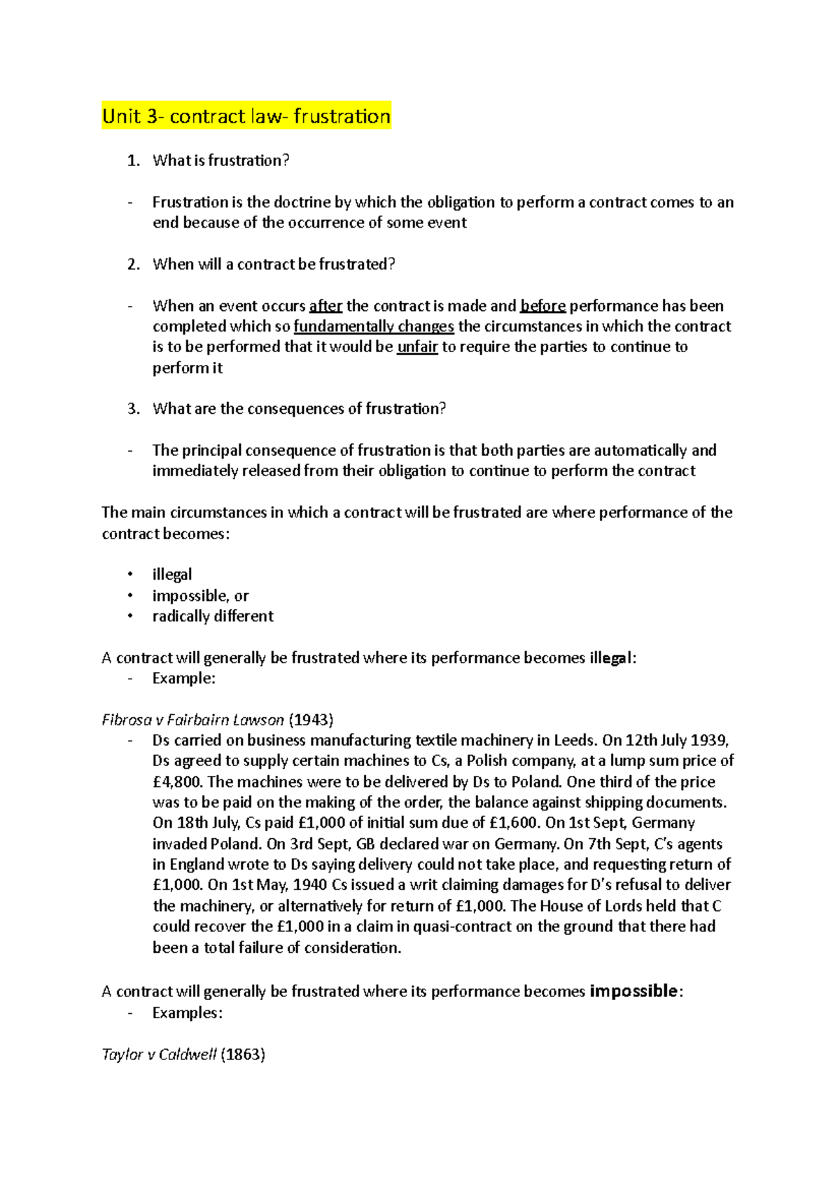 Contract Law - Unit 3: Understanding Frustration and Its Impacts - Studocu