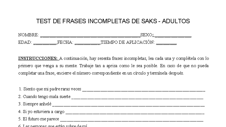 Frases Incompletas De Sacks Para Adultos
