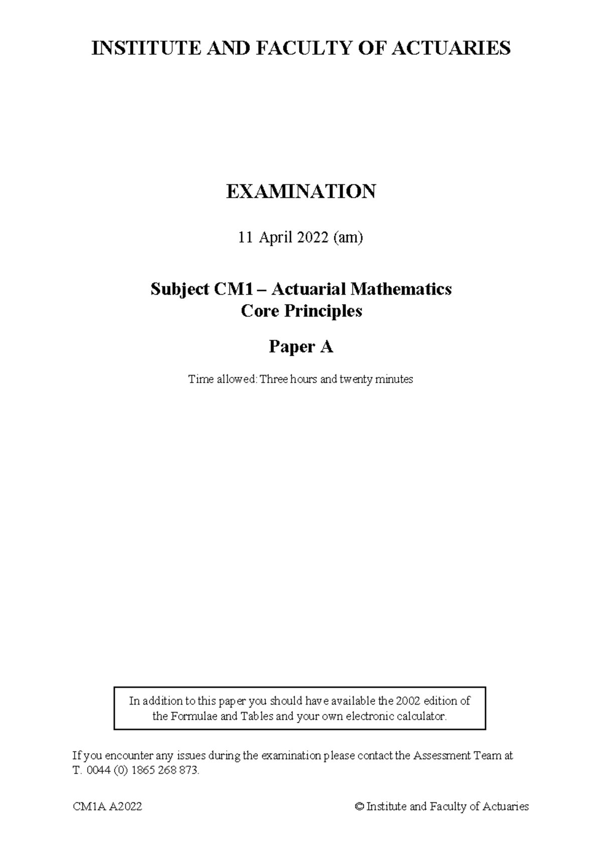 CM1A April 2022 Examination: Actuarial Mathematics Core Principles ...