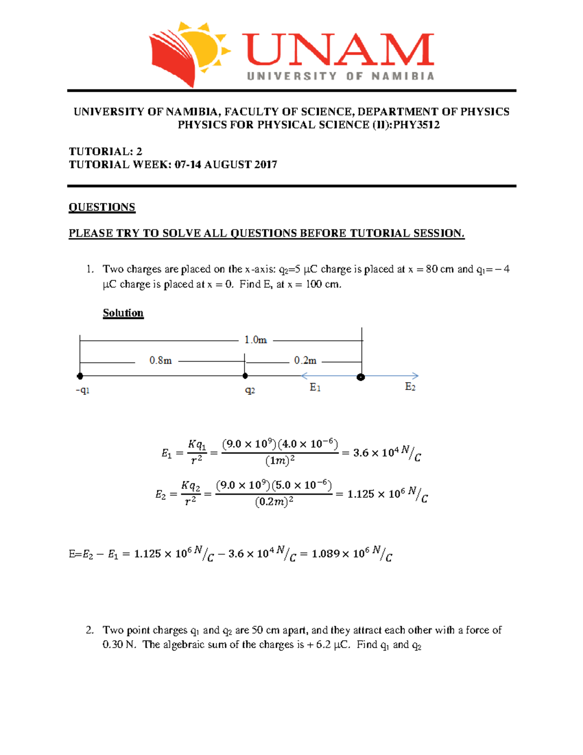 Tutorial 2: CHARGES - UNIVERSITY OF NAMIBIA, FACULTY OF SCIENCE ...