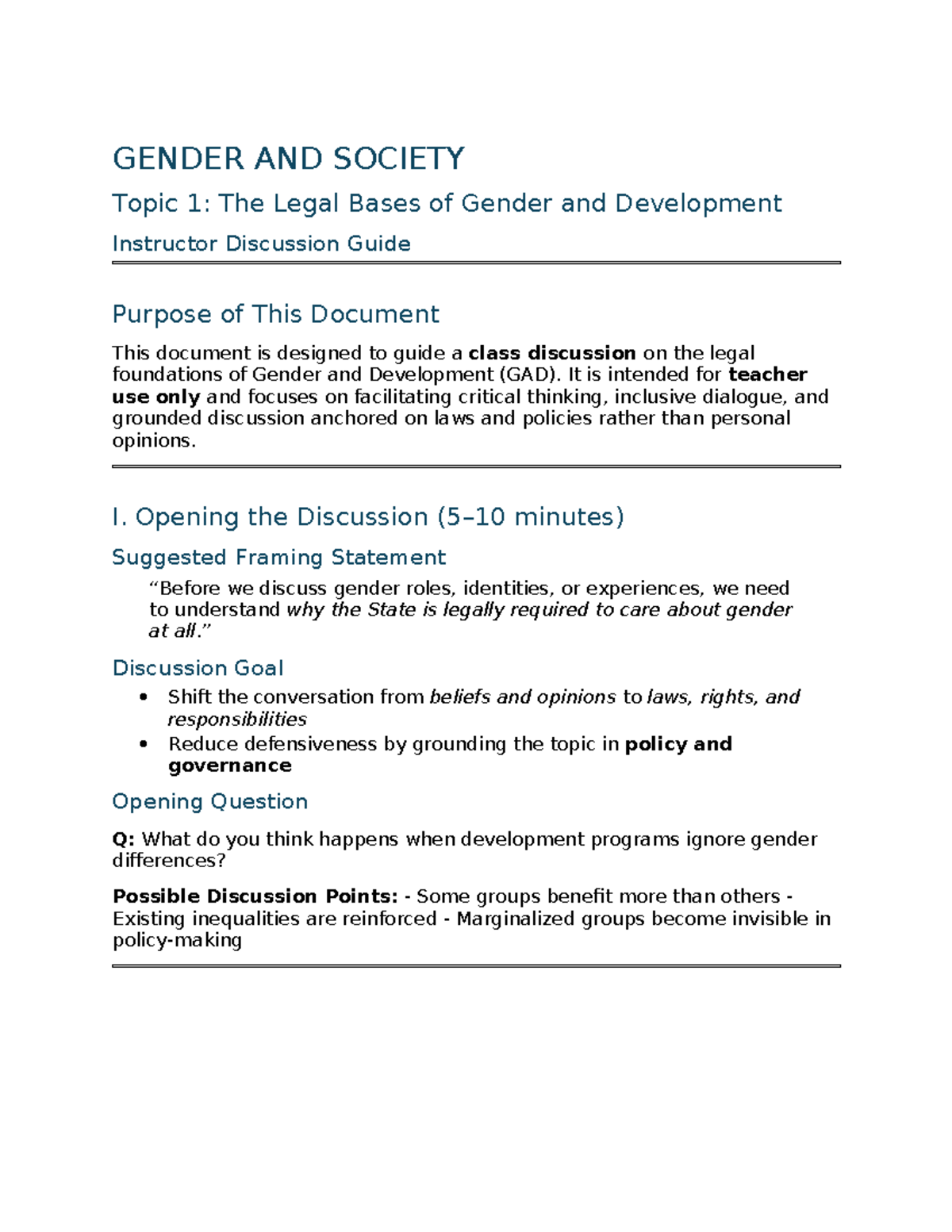 Topic 1 Discussion Guide: Legal Bases of Gender & Development - Studocu